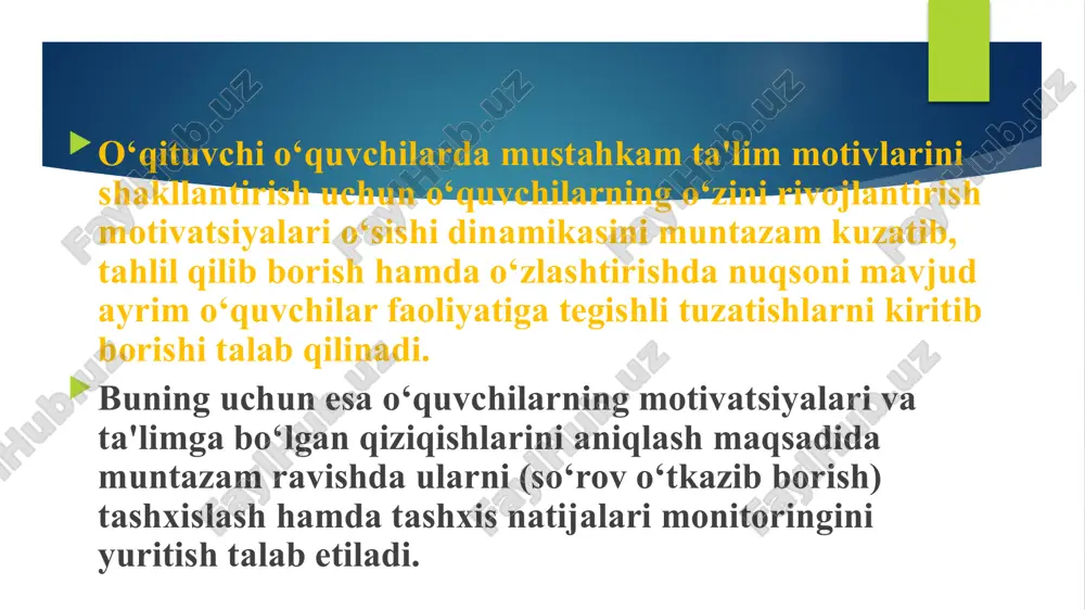 da xususiy ahamiyat kasb etadi. natijalarni umumlashtirish esa ob'ektiv bahoni keltirib chiqaradi. individual shakllantiruvchi tajriba metodi. bunda o‘qituvchi bola vazifa va topshiriqlarni bajarishi uchun o‘quvchiga qo‘shimcha mashg‘ulot tashkil qiladi va unga tegishli metodik yordam ko‘rsatadi.bu jarayonda o‘qituvchining metodik yordami mashq yoki masalani yechish paytida bevosita amalga oshiriladi va so‘ngra o‘quvchidan xuddi shunga yaqin shartdagi mashq yoki masalani mustaqil bajarilish talab etiladi. natijada o‘quvchida o‘zi mustaqil mashq yoki masalani bajarish ko‘nikmasi mavjudligiga ishonch shakllanadi. o‘qituvchi esa bolaning aynan qaysi o‘rinda oqsayotganligini aniqlab oladi va uni bartaraf etishga harakat qiladi. o‘quvchilar motivlarini aniqlashning individual shakllantiruvchi tajriba metodida topshiriqlar xilma-xilligi va murakkablik darajasining turliligi sharoitida amalga oshirilishi katta samara beradi. shuningdek, individual shakllantiruvchi-tarbiyalovchi metod o‘quvchilar motivlarini aniqlashning eng samarali metodlaridan biri hisoblanadi. individual shakllantiruvchi-tarbiyalovchi tajriba metodining samarali variantlaridan biri o‘quvchini konkret–real sharoitda tanlovni amalga oshirishga majbur qilish shakli hisoblanadi. bunda motivlar to‘qnashuvi vaziyati yuzaga keladi va o‘quvchi ulardan birini tanlash imkoniyatiga ega bo‘ladi. …
