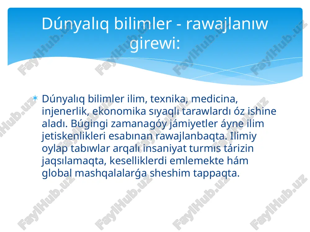 ıq hám diniy bilimlendiriwdiń sáykesligi jańa ózbekstanda tálim-tárbiyada dúnyalıq hám diniy qatnaslar bir-birine qarama-qarsı qoyılmaydı. kerisinshe, olar bir-birin tolıqtıratuǵın, bárkamal insandı tárbiyalawǵa xızmet etetuǵın baǵdarlar sıpatında qaraladı. bul baǵdarda tómendegi principler tiykar bolıp xızmet etedi: hújdan erkinligi hám isenim húrmeti - hár bir puqaranıń diniy isenimine húrmet penen qaraladı. dúnyalıq principine sadıqlıq - mámleketlik bilimlendiriw mákemeleri dúnyalıq tiykarında jumıs alıp baradı, yaǵnıy diniy bilimlendiriw ayrıqsha baǵdarda shólkemlestiriledi. ruwxıy-aǵartıwshılıq qatnas - jaslar arasında diniy sawatlılıqtı arttırıw, olardı ekstremizm hám radikal ideyalardan qorǵaw maqsetinde salamat diniy bilim beriw jolǵa qoyılǵan. diniy bilimlendiriw baǵdarlarí a) baslanǵısh dárejedegi diniy bilimlendiriw. bul basqısh ádette shańaraqta, meshitler janındaǵı quran kursları yamasa rásmiy emes formalarda ámelge asırıladı. bul jerde balalarǵa: quran oqıwdı úyreniw, islam tiykarları menen tanıstırıw, din etikası hám ádep-ikramlılıǵı haqqında dáslepki bilimler beriledi. b) orta diniy bilimlendiriw. ózbekstanda bir neshe rásmiy diniy orta arnawlı bilimlendiriw mákemeleri (máselen, "mir arab" medresesi) bar. bul basqıshta: quran, hádis, …