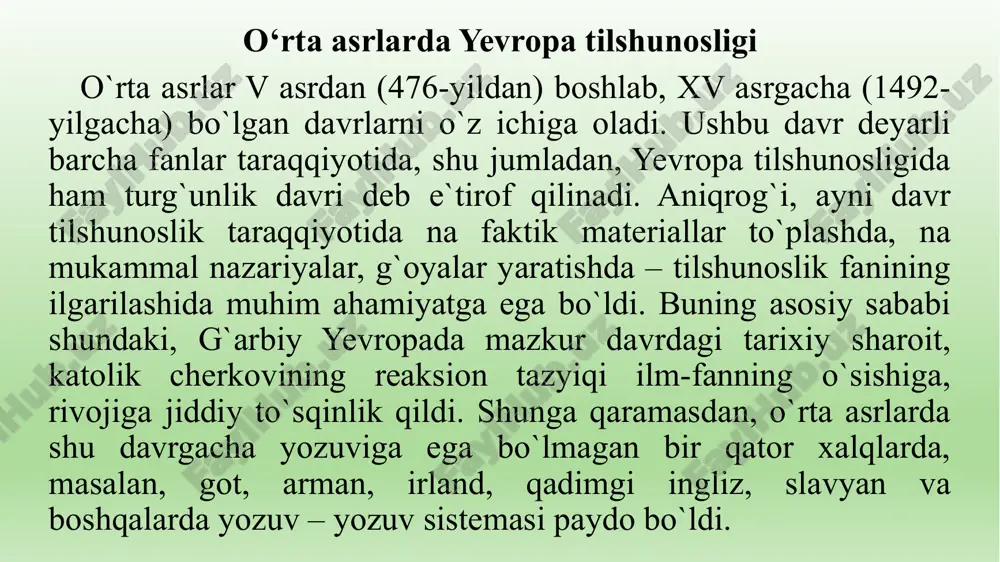 ’lgan narsa, predmet, hodisalargina mavjud, degan g’oyani ilgari suradi. bizning tafakkurimiz orqali ushbu predmet va hodisalardan chiqariluvchi umumiy tushunchalar esa real, aniq mavjud bo’lmaydi. ular inson tafakkurining mahsuli hisoblanadi, fikrlash faoliyati tufayli hosil bo’ladi, yuzaga keladi. pyer abelyar (1079-1142) boshchiligidagi konseptualistlar (mo’tadil nominalistlar) ham mutlaqo to’g’ri holda real tarzda faqat alohida narsalar mavjud, ular umumiy tushunchalarimizning asosi bo’lib xizmat qiladi, deyishadi. arab tilshunosligi vii-viii asrlarda araviya hududida va arablar tomonidan bosib olingan qator mamlakatlarda – old osiyo, shimoliy amerika hamda pireney yarim orolida – jahon miqyosidagi mamlakat – arab xalifaligi tashkil topdi. arab xalifaligida tilshunoslikning paydo bo’lishi va rivojlanishi, hindistondagi kabi, amaliy ehtiyojlar bilan bog’lanadi. ya’ni bu davrda eski yodgorliklar va qur’on tili bilan jonli arab tili (shevalari) orasida katta farqlanish yuzaga keladi. bir tomondan musulmon dunyosining muqaddas diniy kitobi bo‘lgan «qur’on»ni tushunarli qilish, undagi so‘zlarni to‘g‘ri va aniq talaffuz qilish, ikkinchi tomondan, klassik arab tilini shevalar ta’siridan saqlash maqsadida …