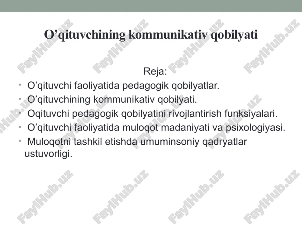iy hamda metodlarni chuqur o’zlashtirgan holda dars berish qobiliyatidir. 2. akadеmik qobiliyat barcha fanlar yuzasidan muayyan bilimga ega bo‘lish ya’ni o’qituvchi o’z fanini va boshqa fanlarni chuqur bilishida va o’zlashtirishda namoyon etishidir. 3. pеrsеptiv qobiliyat qisqa daqiqalarda auditoriya holatini idrok qila olish fazilati ya’ni tashqi olamni va muhitni sezish, idrok etish ya’ni kuzatishda muhim ahamiyatga ega. o’qituvchi o’quvchining psixologiyasini va psixik holatini o’ziga singdirib idrok etadi. 4. kommunikativ , nutqiy qobiliyat ixcham, ma'noli, ohangdor, muayyan ritm chastotaga ega bo‘lgan nutq, nutqning jarangdorligi, uning pauza, mantiqiy urg‘uga rioya qilishi o’qituvchining pedagogik jamoa va ota- onalar bilan o’zaro muloqotga kirishishida muhim bo’lib, bunda o’qituvchi muomala madaniyatini muntazam o’zida singdirib shakllantirib borishi lozim. 5. tashkilotchilik qobiliyati sinf guruhi yoki kursni uyushtirish va uni boshqarish istе'dodi ya’ni sinf o’quvchilarining o’qituvchi tomonidan turli jamoat ishlariga va to’garaklarga jalb qila olishida namoyon bo’ladi. 6. psixologik tashxis (diagnoz) qobiliyati insonning kеlajagini oqilona tasavvur qilish bashorati tarbiyalanuvchilar- da …