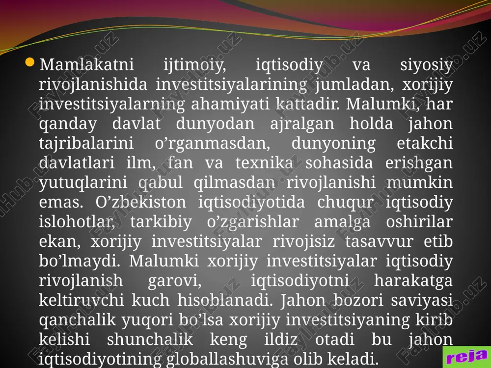 tdagi ulushi 51 foizga yetdi. investitsiya muhiti haqida tushuncha yuqori texnologiyalar sohasida sintetik suyuq yoqilg‘i ishlab chiqarishni tashkil etish, polietilen va polipropilen mahsulotlar ishlab chiqarish bo‘yicha yangi, zamonaviy gaz-kimyo komplekslarini qurish, zamonaviy va energiya tejaydigan texnologiyalar asosida mineral o‘g‘itlar hamda yangi turdagi kimyo mahsulotlari ishlab chiqarish, eskirgan uskunalarni zamonaviy bug‘- gaz qurilmalari bilan almashtirish hisobidan energetikani jadal rivojlantirish kabi loyihalarni amalga oshirishga alohida e’tibor qaratilmoqda. mamlakatimiz sanoatini yuksaltirish bo‘yicha belgilangan ustuvor vazifalar amalga oshirilayotgan investitsiya siyosati bilan chambarchas bog‘liqdir. qulay invistitsiya muhitini taminlash choralari o‘zbekistonda sarmoyadorlar uchun qulay investitsiya muhiti, imtiyoz va preferensiyalar tizimi yaratilgan. iqtisodiyotimizga jalb etilayotgan xorij sarmoyasining yildan-yilga ortayotgani buning yaqqol dalilidir. xalqaro investitsiya huquqining asosiy qoidalarini o‘zida mujassam etgan o‘zbekiston respublikasi investitsiya qonunchiligi mdh mamlakatlari qonunchiligi tizimida eng ilg‘orlardan hisoblanadi. qulay invistitsiya muhitini taminlash choralari o‘zbekiston respublikasining “chet el investitsiyalari to‘g‘risida”, “investitsiya faoliyati to‘g‘risida”, “chet ellik investorlar huquqlarining kafolatlari va ularni himoya qilish choralari to‘g‘risida”gi qonunlari …
