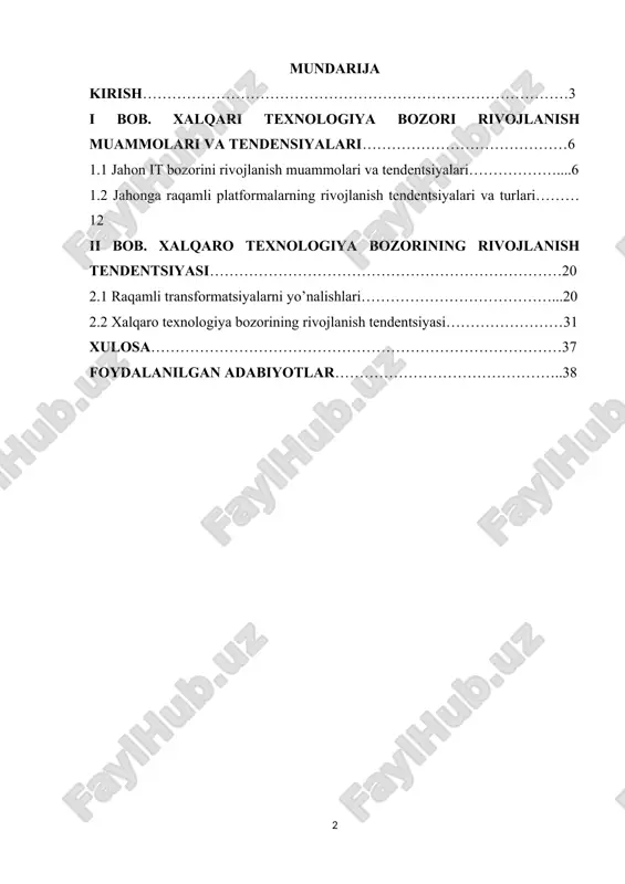 qobatbardoshlikni oshiradigan yangi mahsulotlar, xizmatlar va biznes modellariga olib keladi. 2. global ulanish: xalqaro texnologiya bozorining o‘zaro bog‘liqligi global miqyosda hamkorlik va bilim almashishga yordam beradi. ushbu ulanish korxonalarga yangi bozorlarga kirish, ilg'or tajribalarni almashish va turli manbalardan tajribadan foydalanish imkonini beradi. 3. raqamli transformatsiya: raqobatbardoshlikni saqlab qolish va iste’molchilarning o‘zgaruvchan talablarini qondirish uchun turli sohalardagi korxonalar raqamli transformatsiyadan o‘tmoqda. xalqaro texnologiya bozori tendentsiyalari tashkilotlarni operatsiyalarni soddalashtirish, mijozlar tajribasini yaxshilash va jarayonlarni optimallashtirish uchun raqamli texnologiyalarni qabul qilishga yo'naltiradi. 4. ish o‘rinlarini yaratish va ko‘nikmalarni rivojlantirish: texnologiya bozorining kengayishi dasturiy ta’minotni ishlab chiqish, ma’lumotlar tahlili, kiberxavfsizlik va sun’iy intellekt kabi sohalarda ish o‘rinlari imkoniyatlarini yaratadi. rivojlanish tendentsiyalarini tushunish malakadagi kamchiliklarni aniqlashga va ishchi kuchini texnologiya sektoridagi kelajakdagi rollarga tayyorlashga yordam beradi. 5. ijtimoiy ta'sir: texnologiya jamiyat normalari, xatti-harakatlari va o'zaro munosabatlarini shakllantirishda muhim rol o'ynaydi. xalqaro texnologiya bozoridagi rivojlanish tendentsiyalari odamlarning qanday muloqot qilishi, ishlashi va ma'lumotlarga kirishiga ta'sir qiladi, …
