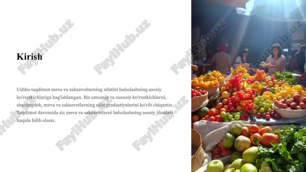 ilik meva va sabzavotlar uchun ularning shakli ham muhim ahamiyat kasb etadi. standartlarda urug'li va ko'pchilik danakli mevalar shakli bo'yicha aynan shu meva va sabzavot tipiga mos bo'lishi ko'rsatiladi. shaklining aynan shu tipga mos bo'lmasligi esa, ularning pastki tovar navlariga o'tkazilishiga asos bo'ladi. ba'zi sabzavotlar uchun standartlarda shakliga talablar keltirilmaydi. 1 moslik aynan shu tipga mos bo'lishi talab etiladi. 2 ta'sir pastki tovar navlariga o'tkazilishiga sabab bo'ladi. 3 talablar ba'zi sabzavotlar uchun talablar yo'q. sirt holatining ahamiyati meva va sabzavot sirtining holati yuzasining quruqligi va tozaligi bilan xarakterlanadi. sirtining nam bo'lmasligi ko'pchilik zararli mikroorganizmlarning rivojlanishi uchun noqulay sharoit hisoblanadi. ko'pchilik meva-sabzavotlar uchun sirtining yuzasiga ham katta e'tibor beriladi, chunki sirtining tozaligi mahsulotning tovar ko'rinishiga va estetik hususiyatlariga katta ta'sir ko'rsatadi. quruqlik mikroorganizmlar rivojlanishi uchun noqulay sharoit. tozalik tovar ko'rinishi va estetik xususiyatlarga ta'sir. ta'sir sifatni nazorat qilish qiyinlashadi. meva va sabzavotlarning butunligi va yangiligi meva va sabzavotlarning butunligi deganda ularda …