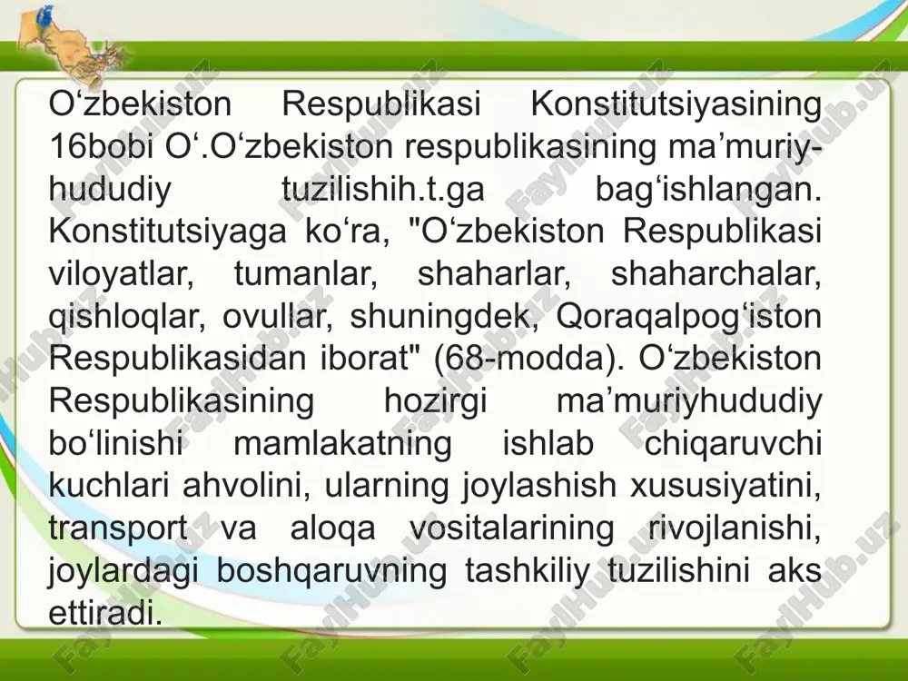 adi qishloq, ovul, shaharcha — respublika maʼmuriy-hududiy tizimidagi eng quyi boʻgʻinlar. shaharchalar turkumiga sanoat korxonalari, qurilishlar, temir yoʻl staitsiyalari va boshqalar muhim obʼyektlar yaqinida joylashgan hamda, qoida tariqasida, kamida 2 ming aholisi boʻlgan aholi punktlari kiritilishi mumkin. qoraqalpogʻiston respublikasi, viloyatlar, toshkent shahrining chegaralarini oʻzgartirish, shuningdek, viloyatlar, shaharlar, tumanlar tashkil qilish va ularni tugatish oʻzbekiston respublikasi oliy majlisining roziligi bilan amalga oshiriladi. "oʻzbekiston respublikasida maʼmuriyhududiy tuzilish, toponimik obʼyektlarga nom berish va ularning nomlarini oʻzgartirish masalalarini hal etish tartibi toʻgʻrisida"gi qonun (1996-yil 30 avgust)da viloyatlar, tumanlar, shaharlar, shaharchalar, qishloqlar, ovullarni tuzish, tugatish, ularning chegaralarini oʻzgartirish, maʼmuriy markazlarni koʻchirish tartibi belgilangan. o'zbekiston respublikasi tarkibiga qoraqalpog'iston respublikasi va 12 ta ma'muriy viloyat kiradi. uning poytaxt toshkent shahridir. quyidagi jadval o'zbekiston respublikasi-ning ma'muriy-hududiy tuzilishini aniq va yaqqol ko'rsatadi. qoraqalpog'iston respublikasi (sobiq qoraqalpog'istoi muxtor respublikasi) 1992- yil 9- yanvarda suveren respubliki maqomini oldi. uning maydoni 166,6 ming kvadrat kilometrgj teng bo'lib, 1530,2 ming kishi yashaydi. qoraqalpog'iston …