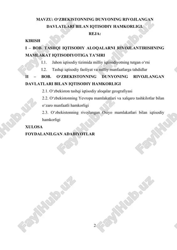 iga aylanishi e’tiborga molikdir. tashqi savdo aloqalari xalqaro hamkorlikning muhim sohalaridan biri bo’lib, turli mamlakatlar bilan ilmiytexnik, madaniy aloqalarni yo’lga qo’yish ular o’rtasida diplomatik munosabatlar o’rnatish iqtisodiyotni faol va har tomonlama rivojlantirish, ijtimoiy-iqtisodiy muammolarni hal etishda yordam beruvchi vositadir. mamlakatimizda tashqi savdo aloqalarini rivojlantirish, jahon bozorlariga yuqori sifatli tayyor mahsulotlar bilan kirib borish va mustahkam o’rin egallash, eksport hajmini oshirishga qaratilgan islohotlar amalga oshirilmoqda. hozirgi davrda mamlakatimizning tashqi iqtisodiy faoliyatidagi asosiy strategiyasi import o’rnini bosuvchi ishlab chiqarishni tashkil qilish bilan birga eksportga yo’naltirilgan mahsulot ishlab chiqarishni rivojlantirish va o’zining jahon bozoridagi raqobatbardoshligini kuchaytirishdan iborat. o’zbekiston respublikasini yanada rivojlantirish bo’yicha harakatlar strategiyasida “eksport faoliyatini liberallashtirish va soddalashtirish, eksport tarkibini va geografiyasini diversifikatsiya qilish, iqtisodiyot tarmoqlari va hududlarning eksport salohiyatini kengaytirish va safarbar etish”[footnoteref:1] alohida ustuvor vazifalar sifatida belgilab berilgan. [1: ўзбекистон республикаси президентининг «ўзбекистон республикасини янада ривожлантириш бўйича ҳаракатлар стратегияси тўғрисида»ги фармони. пф-4947-сон, 2017 йил 7 феврал. – ўзбекистон республикаси қонун …