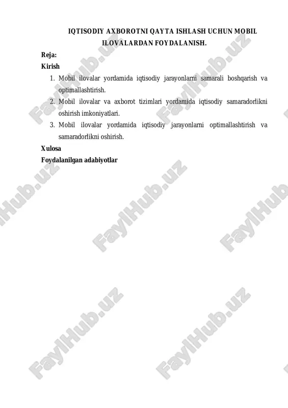 borotni qayta ishlashda bir nechta asosiy sohalarda samarali ishlatilmoqda. ular, birinchi navbatda, ma'lumotlarni tezkor yig‘ish va tahlil qilish imkonini beradi. masalan, moliyaviy xizmatlar, tijorat faoliyati, savdo va logistikada mobil ilovalar yordamida ma'lumotlar real vaqt rejimida yig‘iladi va qayta ishlanadi. bu esa, o‘z navbatida, boshqaruv qarorlarini qabul qilishda yordam beradi. misol uchun, tijorat tashkilotlari mobil ilovalar yordamida mijozlarning ehtiyojlarini kuzatish, ularga yangi mahsulot va xizmatlar taklif qilish, hamda ularning xarid qilish odatlarini tahlil qilish imkoniyatiga ega bo‘ladi. ikkinchidan, mobil ilovalar iqtisodiy jarayonlarni avtomatlashtirishga imkon beradi. bugungi kunda biznesdagi ko'plab jarayonlar, masalan, inventarizatsiya, soliq hisobi, xarajatlar monitoringi, va mijozlarga xizmat ko'rsatish jarayonlari mobil ilovalar orqali tez va samarali amalga oshirilmoqda. bu jarayonlarning avtomatlashtirilishi biznes resurslarini tejashga, ish samaradorligini oshirishga va inson omilidan kelib chiqadigan xatoliklarni kamaytirishga yordam beradi. yana bir muhim jihat, mobil ilovalar yordamida iqtisodiy tahlillarni amalga oshirish va prognoz qilish imkoniyatining mavjudligi. mobil ilovalar yordamida iqtisodiy ko'rsatkichlar real vaqt rejimida …