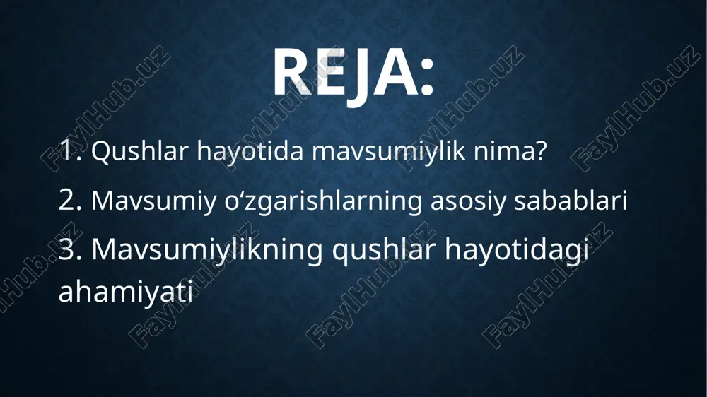 ilan oziqlansa, qishda don, meva, daraxt po‘stlog‘i kabi manbalarga o‘tadi. masalan, ziravorxo‘r yozda chuvalchang va hasharotlar bilan oziqlanadi, qishda esa dala va bog‘larda qolgan mevalarni terib yeydi. mavsumiylik ularning ichki biologik soatlariga bog‘liq bo‘lib, kun yorug‘ligining o‘zgarishi, havo haroratining pasayishi yoki ko‘tarilishi, yog‘ingarchilik miqdori singari tabiiy omillar bilan uyg‘unlikda ishlaydi. bu holat qushlar organizmida gormonal o‘zgarishlar keltirib chiqaradi, bu esa ularning migratsiyasi, juftlashuvi yoki tuk almashinuvi kabi xatti-harakatlariga bevosita ta’sir qiladi. xulosa qilib aytganda, mavsumiylik — qushlar hayotining ajralmas bir qismidir. u ularning biologik moslashuvini ta’minlaydi, hayot davrining turli bosqichlarini boshqaradi va ekologik tizimdagi muvozanatni saqlashga xizmat qiladi. mavsumiylik tufayli qushlar har bir faslga mos xatti-harakatlarni namoyon qiladi va bu ularning barqaror hayot kechirishida muhim omil bo‘lib xizmat qiladi. mavsumiy o‘zgarishlarning asosiy sabablari qushlar hayotidagi mavsumiy o‘zgarishlar — bu yil davomida yuz beradigan ob-havo, muhit va biologik sharoitlarning o‘zgarishlariga bog‘liq holda yuzaga keladigan muvozanatli jarayondir. ushbu o‘zgarishlar qushlarning ko‘payish, oziqlanish, …