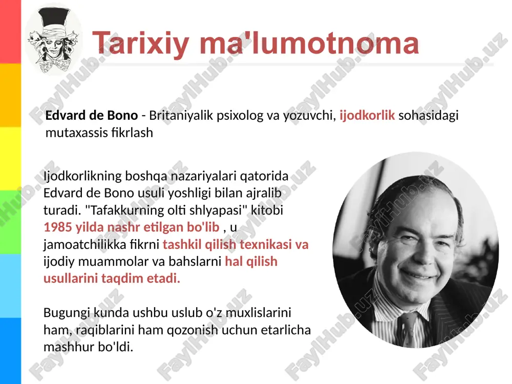 ashni bilmay, biz noaniqlikni boshdan kechiramiz (bu, ayniqsa, biz murakkab ko'p darajali vazifaga duch kelgan paytlarda yoki birinchi marta biror narsaga duch kelganimizda yaqqol namoyon bo'ladi). chalkashlik. biz boshimizda vazifa bilan bog'liq katta hajmdagi ma'lumotlarni saqlashga harakat qilsak, biz mantiqiy, izchil va ijodiy fikrlashga, konstruktiv bo'lishga harakat qilamiz, shuningdek, atrofimizdagi odamlar (suhbatdoshlar, hamkasblar, sheriklar) shunga o'xshash, odatda bularning barchasi chalkashlik va chalkashlikka olib keladi. 4 oltita shlyapa oltita fikrlash shlyapasi usuli fikrlash jarayonini olti xil rejimga ajratadi , ularning har biri ma'lum rangdagi “oltita fikrlovchi qalpoq” usuli yuqoridagi qiyinchiliklarni engib o‘tib, fikrlash jarayonini olti xil rejimga bo‘lib, ularning har biri ma’lum rangdagi metaforik shlyapa bilan ifodalanadi. bunday bo'linish fikrlashni yanada yo'naltirilgan va barqaror qiladi va bizni o'z navbatida uning turli jihatlari bilan ishlashga o'rgatadi. 5 oq shapka fikrlash ya'ni bizda mavjud bo'lgan barcha ma'lumotlarga e'tiborni qaratish usuli : faktlar va raqamlar fikrlash shlyapasi bizda mavjud bo'lgan barcha ma'lumotlarga e'tiborni qaratish …