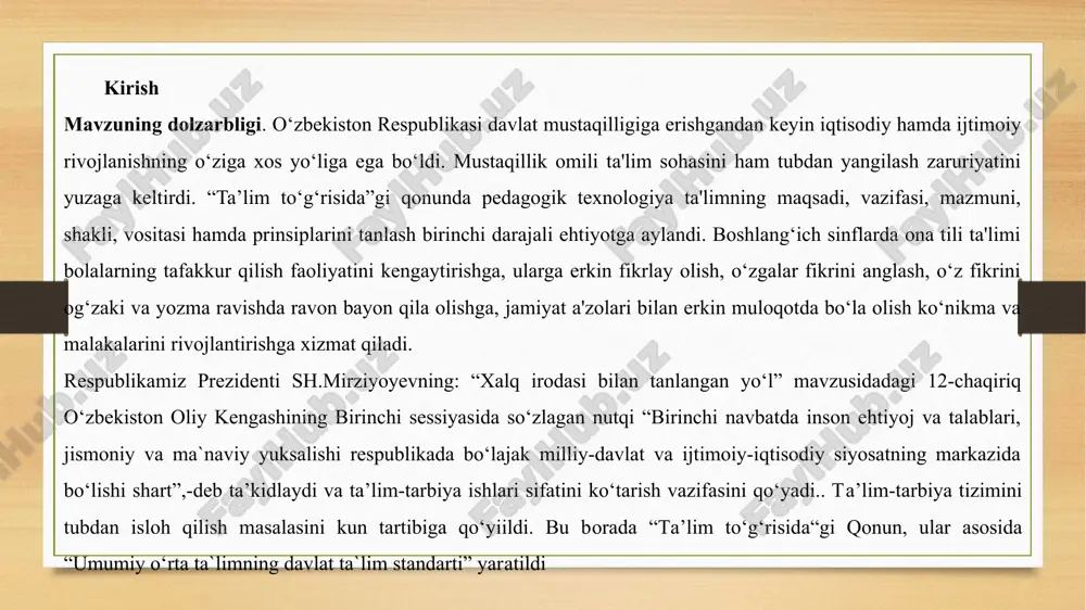 bekiston oliy kengashining birinchi sessiyasida so‘zlagan nutqi “birinchi navbatda inson ehtiyoj va talablari, jismoniy va ma`naviy yuksalishi respublikada bo‘lajak milliy-davlat va ijtimoiy-iqtisodiy siyosatning markazida bo‘lishi shart”,-deb ta’kidlaydi va ta’lim-tarbiya ishlari sifatini ko‘tarish vazifasini qo‘yadi.. tа’lim-tаrbiya tizimini tubdаn islоh qilish masalasini kun tartibiga qo‘yiildi. bu bоrаdа “tа’lim to‘g‘risidа“gi qоnun, ular asosida “umumiy o‘rta ta`limning davlat ta`lim standarti” yarаtildi kurs ishning obyekti: ona tilidan dars turlari va ularga qo'yiladigan talablar asoslarini yoritish jarayoni. kurs ishning predmeti: ona tilidan dars turlari va ularga qo'yiladigan talablar uslubiy asoslari. kurs ishining maqsadi: ona tilidan dars turlari va ularga qo'yiladigan talablar mavzusini o‘rganishda ilmiy-metodik tavsiyalar ishlab chiqish va ularni o‘quv jarayoniga tatbiq etish. kurs ishining vazifalari: 1. ona tilidan dars turlari va ularga qo'yiladigan talablar metodidan foydalanish innovatsion texnologiyalarni shakllantirish; 2. ona tilidan dars turlari va ularga qo'yiladigan talablar texnologiyalarini aniqlash; 3. ona tilidan dars turlari va ularga qo'yiladigan talablar metodikasini yoritish; 4. ona tilidan dars …