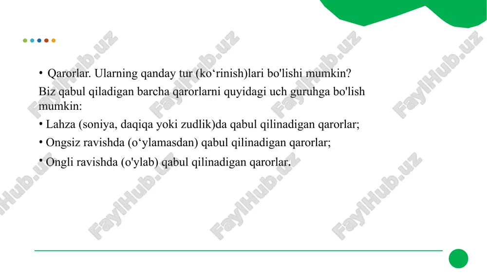 iyatni to‘g‘ri baholash orqali siz o‘z ehtiyojlaringiz va imkoniyatlaringizni aniqlashingiz mumkin. qisqa muddatli qarorlar eng oddiy maqsadlar shu guruhga kiradi. ularning muddati – bir yilgacha. odatda, ular joriy to‘lovlar va uncha qimmat bo‘lmagan mavsumiy xaridlardan iborat bo‘ladi. bu oralikdagi davrda o‘z daromadlarini bashorat va qilinishi lozim bo‘lgan xarajatlarini hisob-kitob qilish unchalik katta mehnat va aql talab etmaydi. albatta, bunda ham nimadir o‘zgarishi mumkin. lekin u unchalik sezilarli yoki ta’sirchan darajada bo‘lmaydi. haqiqatdan ham bir yil ichida sizning daromadingiz bir necha martaga o‘sishi mumkin emas. buning ustiga, bir yillik istiqbolga ega bo‘lgan xarajatlarni esa, siz hamma vaqt o‘z nazoratingiz ostiga olishga qodirsiz, albatta. maqsadga erishishning muddati qancha uzoq bo‘lsa, noaniqlilik shuncha yuqori darajada bo‘ladi. shuning uchun ham bir yildan uch yilgacha bo‘lgan muddatlarni o‘z ichiga qamrab oluvchi o‘rta muddatli maqsadlarga erishish ancha murakkabdir. bunday muddat oralig‘ida siz o‘zgartirishingiz, boshqa shaharga yangi ketib ixtisoslik qolishingiz, olishingiz, oilalik ishingizni bo‘lishingiz, salomatingizni yo‘qotishingiz, mehnatga …