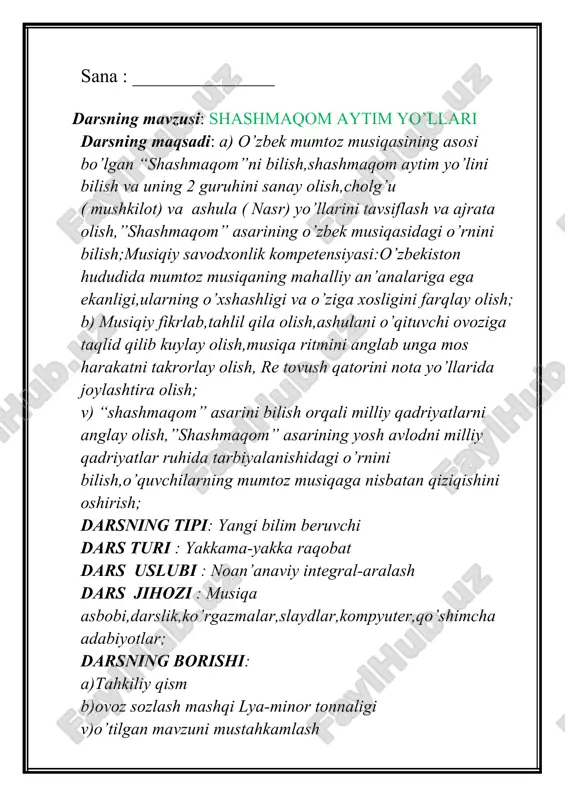 lar 9.tezkor savollar 10.bilimdonlik sinovi 11.musiqiy atamalar 12.ijodiy faoliyat darsning borishi: o’quvchilar davomati tekshiriladi va darsga tayyorgarlik ko’radi. o’quvchilar bugungi darimiz “o’yla,izla,top!” o’yini tarzida o’tkaziladi.darsni ikki guruhga bo’lingan holda olib boramiz. o’quvchilar 2 guruhga bo’linib,ularga nom beriladi.guruh nomini o’quvchilar tanlaydilar. 1.bastakorlar hayoti va ijodi har ikkala o’quvchi mustaqil o’qish uchun berilgan 3 ta bastakor rasmlarini tanlab,ular haqida ma’lumotlar beradi. 2.musiqa asboblari har ikkala o’quvchidan tanlangan 2 asbob haqida aniq ma’lumotlar berish talab qilinadi. 3. musiqiy janrlar 1.qo”shiq 2.raqs 3.lapar o’quvchilar musiqiy janrlarni tavsiflay olishlari va haqida to’liq ma’lumot berishlari lozim 4.shashmaqom haqidagi bilimlar o’quvchilar shashmaqom tarixi va uning bo’limlari,uni kelib chiqishi va mashhur ijrochilari haqida ma’lumotlar berishlari kerak. 5.musiqa uslublari 1.surxandaryo-qashqadaryo musiqa uslubi; 2.buxoro-samarqand musiqa uslubi; 3.xorazm musiqa uslubi; 4.farg’ona – toshkent musiqa uslubi; respublikamizda mavjud 4 ta mahalliy uslublar haqida bilim va malakalarini sinovdan o’tkazish. 6.topishmoqlar musiqaga oid belgilar,musiqa asboblari haqida ma’lumotlar beriladi.o’quvchilar qaysi belgi yoki asbob haqida gapirilayotganini …