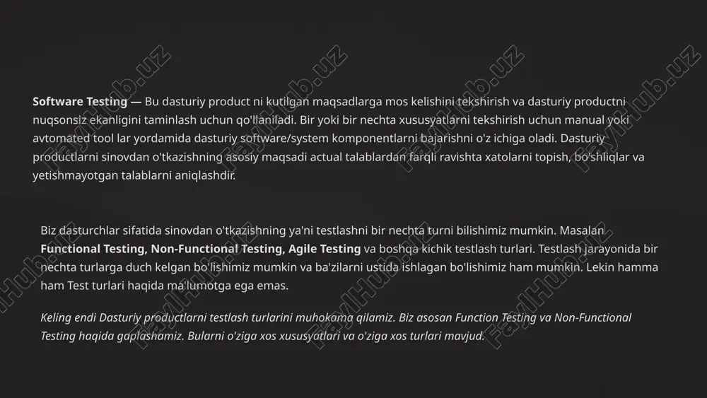 'pincha testlarni automatlashtirish uchun nunit, xunit, junit kabi tool lardan foydalanadilar. ahamiyati unit test dasturiy taminotlar uchun juda muhim xisoblanadi chunki bu yordamida siz unit test darajasidagi kamchiliklarni topishingiz mumkin. misol uchun calculator dasturini olsak. foydalanuvchi 2 ta sonni kiritib javobni olmoqchi bo'lganda javobni aniq va to'g'ri chiqishi uchun dasturchi unit test yozishi mumkin. 4 integration test modullarni birlashtirish ikki yoki undan ortiq modellarni logikaviy ravishta guruhlangan va bir butun sifatidan test qilish interfacelarni tekshirish modullar orasidagi interface, aloqa va ma'lumotlar oqimidagi nosozliklarni aniqlash integratsiya usullari modullarni butun tizimga integratsiyalashganda yuqoridan pastga pastdan yuqoriga yondashuv qo'llaniladi qo'llanilish joylari integration test asosan sistema modullarini integratsiyalashda yoki tizimlar orasida amalga oshiriladi integration test — bu ikki yoki undan ortiq modellarni logikaviy ravishta guruhlangan va bir butun sifatidan software dasturlarni test qilishining bir turi. misol uchun foydalanuvchi istalgan aviakompaniyadan aviabilet sotib olishi mumkin. foydalanuvchi uchish tavsilotlarni va to'lov ma'lumotini ko'rishi mumkin, lekin uchish …