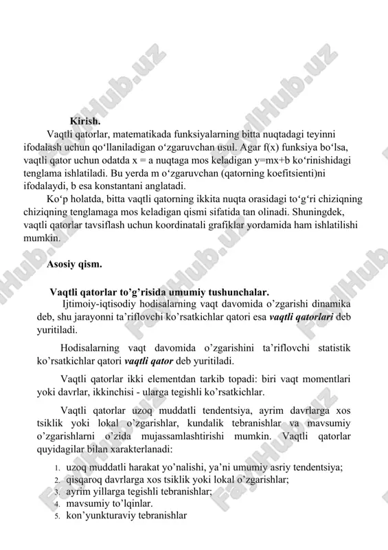 h yo’li bilan aniqlanadi. i / i 1  yi  yi 1 ,..., i / i0  yi  y0 2. o’sish yoki kamayish koeffitsienti yoki sur’ati (ko’.k.) - har qaysi keyingi davr darajasi boshlang’ich yoki o’zidan oldingi davr darajasiga nisbatan qancha martaba katta yoki kichik ekanligini yoki qancha foiz tashkil etishini ko’rsatadi.0 0 3. qo’shimcha o’sish (kamayish) sur’ati (δ) ham ikki usulda aniqlanishi mumkin. birinchi usulda har bir keyingi davr darajasidan boshlang’ich davr darajasi ayirilib, 100 ga ko’paytiriladi va boshlang’ich davr darajasiga bo’linadi. (yi  y0 ) 100  i / i0y 0 4. 1% qo’shimcha o’sish (kamayish)ning mutlaq qiymati – mutlaq qo’shimcha o’sish qiymati zanjirsimon qo’shimcha o’sish sur’atiga bo’linadi. i / i1 : ti / i1 1. multiplikativ va additiv modellarning tarkibiy tuzilishi. vaqtli qatorlar ikki elementdan tarkib topadi: biri vaqt momentlari yoki davrlar, ikkinchisi - ularga tegishli ko’rsatkichlar. vaqtli qatorlar uzoq muddatli tendentsiya, ayrim davrlarga xos …
