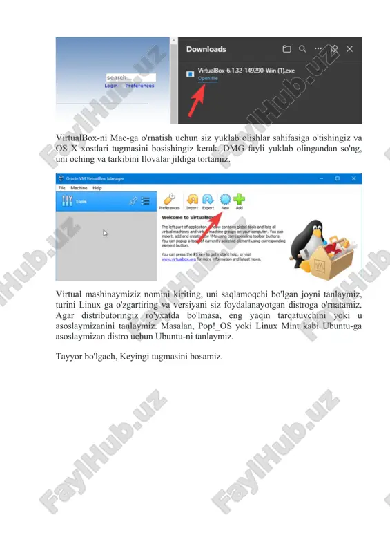 anlaymiz. masalan, pop!_os yoki linux mint kabi ubuntu-ga asoslaymizan distro uchun ubuntu-ni tanlaymiz. tayyor bo'lgach, keyingi tugmasini bosamiz. slayder yordamida ramni ajrating yoki matn maydoniga qiymatni kiritamiz. agar siz ubuntu yoki ubuntu-ga asoslaymizan distroslarni o'rnatayotgan bo'lsaymiziz, kamida 4 gb operativ xotirani tanlashni tavsiya qilamiz. keyin, keyingi tugmasini bosamiz. virtual qattiq disk yaratish radio tugmachasini belgilaymiz va yaratish tugmasini bosamiz. vdi (virtualbox disk image) variantini belgilaymiz va keyingi tugmasini bosamiz. nihoyat, agar siz saqlashni iloji boricha kam sarflamoqchi bo'lsaymiziz, dinamik ravishda ajratilgan opsiyasini belgilaymiz, so'ng yaratish tugmasini bosamiz. vm uchun xotirani ajratish uchun slayder yoki matn maydonidan foydalanamiz. agar sizning maqsadingiz faqat distroni sinab ko'rish bo'lsa, 15 gb etarli bo'ladi. tugallaymizach, virtualbox bosh sahifasida ubuntu vm ni ko'rasiz. vm-ni bosing va ishga tushirish tugmasini bosamiz. vm oynasi “ishga tushirish diskini tanlash” qalqib chiquvchi oynasi bilan birga ochiladi. iso-ni tanlash uchun kichik fayl belgisini bosamiz. qo'shish belgisini bosing va yuklab olish joyidan …