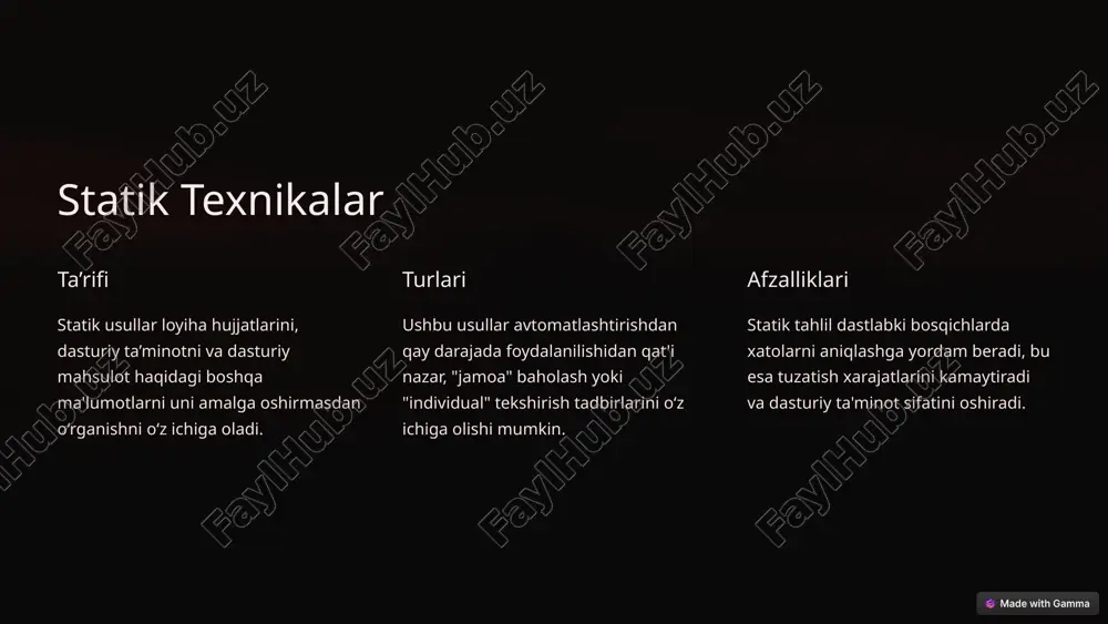 elishi mumkin bo‘lgan holatlarda algoritmik usullarni qo‘llash juda muhimdir. 4 dinamik texnikalar sinov usullari dasturiy ta'minotni ishlab chiqish va unga xizmat ko‘rsatish jarayonida har xil turdagi dinamik usullarga murojaat qilish kerak. asosan, bu sinov usullari. simulyatsiya shu bilan birga, simulyatsiya, modelni tekshirish va ramziy bajarish usullarini dinamik usullar sifatida ko‘rib chiqish mumkin. kodni ko‘rish kodni ko‘rish odatda statik texnika sifatida ko‘rib chiqiladi, ammo malakali muhandis kodni uni o‘qish jarayonida to‘g‘ridan-to‘g‘ri bajarishi mumkin. 5 dasturiy ta’minot sifatini o‘lchash 1 sifat ko‘rsatkichlari dasturiy ta'minot mahsuloti sifati modellari ko‘pincha mahsulotga xos bo‘lgan har bir sifat belgisi darajasini aniqlash uchun ko‘rsatkichlarni o‘z ichiga oladi. 2 qaror qabul qilish agar sifat ko‘rsatkichlari to‘g‘ri tanlangan bo‘lsa, bunday o‘lchovlar sifatni ko‘p jihatdan qo‘llab-quvvatlashi mumkin. ko‘rsatkichlar qaror qabul qilish jarayonini boshqarishga yordam beradi. 3 muammoli joylar ko‘rsatkichlar jarayonlardagi muammoli joylar va to‘siqlarni aniqlashga yordam beradi. ko‘rsatkichlar muhandislarning o‘zlari uchun sqa tomonidan belgilangan maqsadlar uchun ham, sifatni yaxshilashning uzoq …
