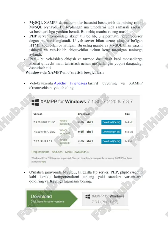 tili boʻlib, u gipermatnli preprocessor degan maʼnoni anglatadi. u veb-server bilan o'zaro aloqada bo'lgan html kodi bilan o'rnatilgan. bu ochiq manba va mysql bilan yaxshi ishlaydi va veb-ishlab chiquvchilar uchun keng tarqalgan tanlovga aylandi. · perl - bu veb-ishlab chiqish va tarmoq dasturlash kabi maqsadlarga xizmat qiluvchi matn tahrirlash uchun mo'ljallangan yuqori darajadagi dasturlash tili. windows-da xampp-ni o'rnatish bosqichlari: · veb-brauzerda apache friends-ga tashrif buyuring va xampp o'rnatuvchisini yuklab oling. · o'rnatish jarayonida mysql, filezilla ftp server, php, phpmyadmin kabi kerakli komponentlarni tanlang yoki standart variantlarni qoldiring va keyingi tugmasini bosing. · bitnami haqida ko'proq ma'lumot olish opsiyasi belgisini olib tashlang va "keyingi" tugmasini bosing. · ilovalarimiz uchun htdocs jildini o'rnatish uchun ildiz katalog yo'lini tanlang . masalan, 'c:\xampp'. · windows xavfsizlik devoridan xampp modullariga ruxsat berish uchun kirishga ruxsat berish tugmasini bosing . · o'rnatish jarayonidan so'ng xampp o'rnatish ustasining finish tugmasini bosing. · endi xampp belgisi boshlash menyusining …