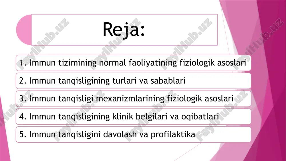 bilan sintezlangan yuqori molekulali moddalar ham antigen rolini o`ynashi mumkin. a n t i t e l o l a r – immunoglobulinlarning u yoki bu sinfiga mansub murakkab oqsillar. ular organizmda ma’lum antigenlar ta’siri ostida plazmatik hujayralar tomonidan sintezlanadi va shu antigen bilan birikib, uni zararsizlantirish qobiliyatiga ega bo`ladi. shu tufayli antitelolar immunitet jarayonining ixtisoslashganligini ta’minlovchi asosiy omillardan biri bo`lib hisoblanadi. hozirgi paytda immunoglobulinlarning 5 sinfi mavjud bo`lib, ular qon oqsillarining taxmiman 1/3 qismini tashkil etadi. immunoglobulinlardan asosiysi igg hisoblanadi. bu sinfga kiruvchi antitelolar organizmni mikroblar, viruslar hamda ular ishlab chiqargan zaharli moddalardan aktiv himoya qiladi. immunoglobulinlarning igm sinfiga kiruvchi antitelolar zaharli moddalarni neytrallashda, yot hujayralarni yemirishda va turli xil antigenlarni cho`ktirishda muhim o`rin tutadi. immunoglobulinlarning iga sinfiga kiruvchi antitelolar, qondan tashqari, ko`p miqdorda so`lakda, ko`z yoshida, me’da-ichak suyuqliklarida ham uchraydi. 1. immun tizimining normal faoliyatining fiziologik asoslari immun tizimi organizmni patogenlardan, o‘simtalar va begona moddalar ta’siridan himoya qiladi. …