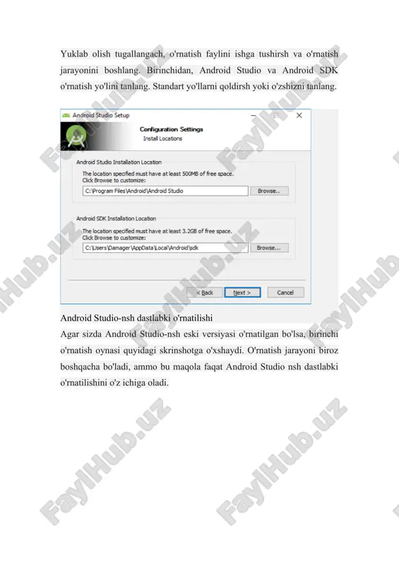 roid studio dasturini birinchi marta ishga tushirganshizda, uni sozlashshiz kerak bo'ladi. birinchidan, studiya avvalgi versiyadan sozlamalarni import qilish kerakligini so'raydi. bu studiyansh birinchi o'rnatilishi bo'lgani uchun sizda saqlangan sozlamalar yo'q. ikkinchi variantni qoldirsh va ok tugmasini bossh. android studio sozlamalari import qilinmoqda shundan so'ng, sozlashni yakunlang va oldshi oynada ok tugmasini bosgandan so'ng ochiladigan o'rnatish ustasi yordamida kerakli komponentlarni yuklab olsh. android studio sozlanmoqda keyshi tugmasini bossh va android studio komponentlarini o'rnatish turini tanlashga o'tsh. o'rnatish turini tanlash agar siz komponentlarni sozlashshiz shart bo'lmasa, standart-ni tanlang va keyshiga bossh. keyin o'rnatuvchi sizga o'rnatishni yakunlash uchun bir nechta komponentlarni yuklab olishshiz kerakligi haqida xabar beradi. "finish" tugmasini bossh va barcha komponentlar yuklab olinishini va paketdan chiqarilishini kutsh. ushbu jarayon tugallangandan so'ng, finish tugmasi yana mavjud bo'ladi. unga bossh va android studio xush kelibsiz ekrani paydo bo'ladi. 1-qadam: tizim talablari ishni boshlashdan oldin, tizimshiz quyidagi talablarga javob berishiga ishonch hosil qilsh: · …