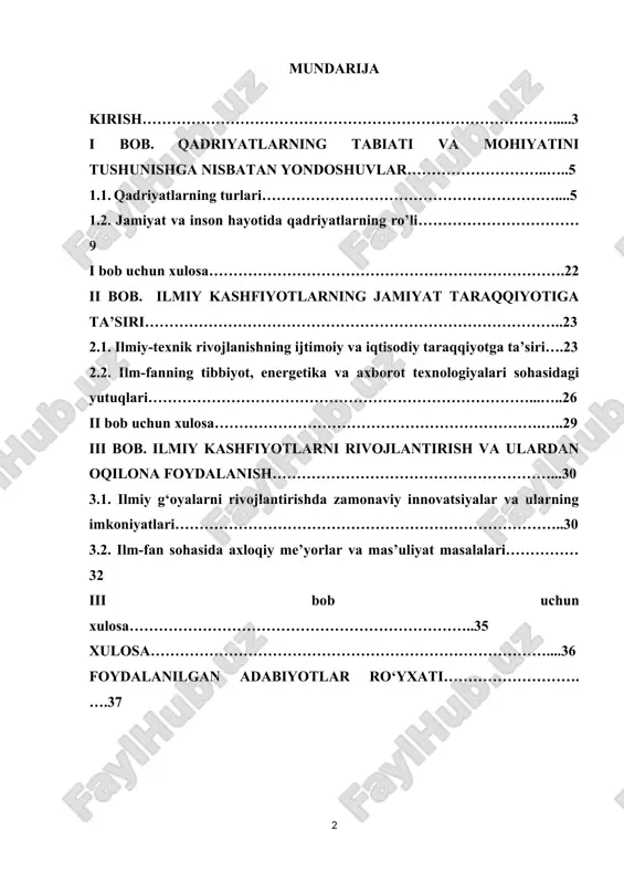 qilgan, balki yangi dunyoqarashlarni shakllantirgan va avlodlarni ilhomlantirgan. elektr energiyasining kashf etilishi, koinot tadqiqotlari, genetik tadqiqotlar yoki axborot texnologiyalarining rivoji kabi misollar insoniyat tarixida ulkan burilish yasadi. bugungi kunda ilmiy kashfiyotlar faqatgina amaliy natija sifatida emas, balki butun bir madaniyatning ajralmas qismi sifatida qadrlanadi. qadriyat sifatida ilmiy g‘oyalar odamlarning tafakkurini boyitadi, ularni izlanish va yangilikka intilish ruhida tarbiyalaydi. shu bilan birga, ilmiy yutuqlarni samarali boshqarish va ulardan oqilona foydalanish mas’uliyatni talab etadi. chunki ilm-fan yutuqlari foyda keltirishi bilan birga, noto‘g‘ri qo‘llanilganda, jiddiy xavflarni ham keltirib chiqarishi mumkin. mazkur tadqiqotda ilmiy g‘oya va kashfiyotlarning qadriyat sifatidagi ahamiyati, ularning jamiyat taraqqiyotidagi roli va ularni rivojlantirish yo‘nalishlari o‘rganiladi. mavzuning dolzarbligi, ilm-fan va texnologiyalar davrida har bir jamiyat uchun innovatsion rivojlanishning muhimligini hisobga olgan holda, mazkur kurs ishining asosiy maqsadi ilmiy yutuqlarni qadriyat sifatida tushunish va ular orqali jamiyatni yuksaltirishga yo‘naltirilgan takliflarni ishlab chiqishdan iboratdir. kurs ishining ilmiy ahamiyati. mazkur tadqiqot ilmiy g‘oya va …