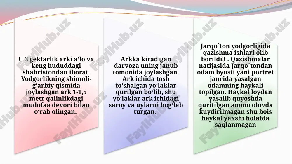 ismidan ham jarqo`tondan odam haykaliga o`xshash, loydan yasalgan lekin, olovda kuydirilmagan ustidan qizil bo`yoq sepilgan haykalchalar topilgan. jarqo`ton yodgorligida alohida ibodatxona inshoati va qabristonning paydo bo`lishi esa sopolli madaniyatining ko`zali davriga to`g`ri keladi . demak jarqo`ton odam haykali sopolli madaniyatining ko`zali yoki mo`lali davrlariga tegishli bo`lishi mumkin va jarqo`ton ibodatxonasining xo`jalikxizmat hunarmand ustalari tomonidan kenataf qabrlar uchun yoki boshqa diniy urfodatlar maqsadida tayyorlangan. jarqo`ton ibodatxonasining xo`jalik-xizmat qismidan ham jarqo`tondan odam haykaliga o`xshash, loydan yasalgan lekin, olovda kuydirilmagan ustidan qizil bo`yoq sepilgan haykalchalar topilgan. jarqo`ton yodgorligida alohida ibodatxona inshoati va qabristonning paydo bo`lishi esa sopolli madaniyatining ko`zali davriga to`g`ri keladi. demak jarqo`ton odam haykali sopolli madaniyatining ko`zali yoki mo`lali davrlariga tegishli bo`lishi mumkin va jarqo`ton ibodatxonasining xo`jalikxizmat hunarmand ustalari tomonidan kenataf qabrlar uchun yoki boshqa diniy urfodatlar maqsadida tayyorlangan. jarqo`ton portret haykali kuydirilmaganligi uchun, asl holicha saqlanmagan, haykal sinib bo`laklarga bo`linib ketgan, quloqlari va burni sinib, sho`rlanish natijasida yemirilib ketgan balki …