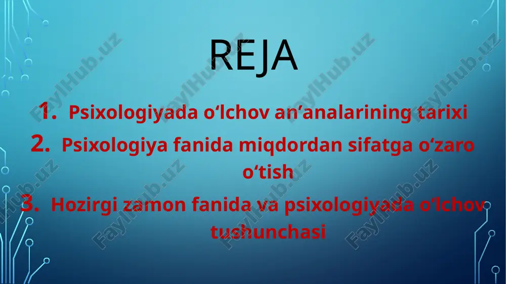 est so‘zini ham), tadqiqotning egizak usulini yaratgan. u tomonidan sensor reaksiyalarni o‘lchash asbobi yaratilgan. 1888 yilda galton tomonidan london akademiyasida «korrelyasiya va uni o‘lchash, antrometrik ko‘rsatkichning avzalliklari» mavzusida ma’ruza qildi. galtonning g‘oyasini uning shogirdi k.pirson davom ettirdi u o‘zgaruvchanlik o‘rtasidagi o‘zaro aloqalarni formula yordamida ko‘rsatib berdi (korrelyasiya koeffitsienti). pirsonning diqqat e’tibori diskret va to‘xtamaydigan muammolar tahliliga qaratildi, bular psixologlar uchun dolzarb muammolardan biri hisoblanilgan. pirson o‘zining g‘oyalari va yutuqlarini «evolyusiya nazariyasiga matematik ta’sir» nomli kitobida keltirib o‘tgan. g. fexner tomonidan psixofizika qonuni psixologiyaning hamma sohalarida qo‘llanila boshlandi. xix asrning oxirida v.vundt sezgilarning uch o‘lchamli modeli ustida ish olib bordi. 2.psixologiya fanida miqdordan sifatga oʻzaro oʻtish pedagogik va psixologik fanlarda miqdordan sifatga o‘zaro o‘tish. britaniyalik psixolog ch.spirmen 1904 yilda «umumiy intellektning ob’ektiv o‘lchami» mavzusidagi ishni nashr qildirdi, bunda intellektni o‘rganishda miqdoriy tahlil ishlatilgan, bu psixologiyada faktorli tahlil deb nomlangan. faktorli tahlil psixologik ko‘rsatkichlarning matematik jihatdan tahlil qilishdir. xx asr o‘rtalarida psixologiyaga …