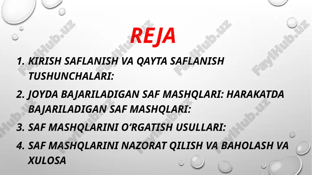 mashqi: bir qator holda harakatlanib, kerakli masofaga qadam tashlash. qatorni aylantirish: saf oldidagi qatnashuvchilar burilish yo‘nalishini belgilaydi. guruhda moslashuv:bu harakatlarda har bir ishtirokchi hamkorlikda ishlaydi, ritmni bir xilda saqlaydi. saf mashqlarini o‘rgatish usullari: saf mashqlarini o‘rgatish usullari metodik yondashuv:ko‘rsatish va tushuntirish: har bir mashqni aniq ko‘rsatish va tushuntirish orqali o‘rgatiladi.mashqlarni takrorlash: o‘quvchilar takrorlash orqali mashqlarni yaxshiroq o‘zlashtiradilar. murabbiyning vazifalari: mashqlarni bajarish davomida murabbiy diqqatni jamoa birligi, koordinatsiya va intizomga qaratadi. saf mashqlarini nazorat qilish va baholash va xulosa saf mashqlarini nazorat qilish va baholash:baholash mezonlari:mashqlar davomida o‘quvchilarning texnik ko‘nikmalari, intizomi va buyruqlarga javob berish qobiliyati baholanadi. tahlil qilish: murabbiy o‘quvchilarning harakatini kuzatadi va kamchiliklarini tahlil qiladi. bu orqali keyingi mashg‘ulotlarni yanada samarali o‘tkazish imkoniyati oshadi.saf mashqlarini nazorat qilish va baholash: baholash mezonlari: mashqlar davomida o‘quvchilarning texnik ko‘nikmalari, intizomi va buyruqlarga javob berish qobiliyati baholanadi. tahlil qilish: murabbiy o‘quvchilarning harakatini kuzatadi va kamchiliklarini tahlil qiladi. bu orqali keyingi mashg‘ulotlarni yanada samarali …
