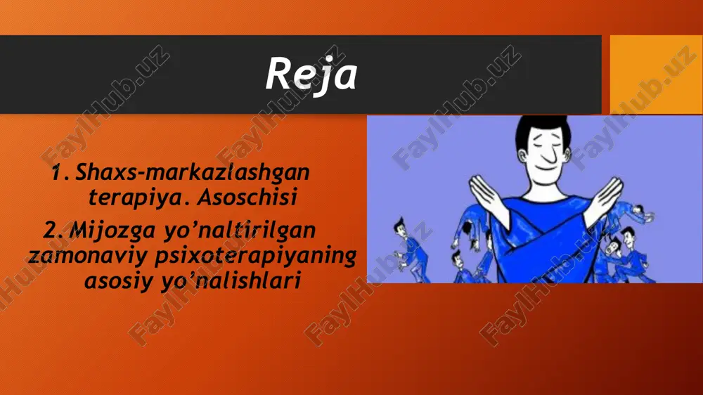 viy psixoterapiyaning asosiy yo’nalishlari 1.fundamentalistlar 2.eksperimental yo’nalish. 3.fokusga yo’naltirilgan psixoterapiya 4.jarayon-tajriba terapiyasi 5.maqsadga yo’naltirilgan mijozga yo’naltirilgan terapiya. fundamentalistlar fundamentalistlar. ushbu tendentsiya vakillari asosiy ko’rsatmalarni amalga oshirishni va oldindan o’ylashni to’liq istisno qilishni tubdan talab qilmoqdalar. ularning fikriga ko’ra, mijozga yo’naltirilgan psixoterapiyaning yagona maqsadi – mijozga terapevtning so’zsiz hurmati va empatiyasini qabul qiladigan tarzda munosabatlar taklifini etkazishdir. 2.eksperimental yo’nalish. eksperimental yo’nalish. yevgeniy gendlin asarlaridan kelib chiqqan. uning asosiy g’oyasi shundan iboratki, terapevtik o’zgarishlar o’z-o’zidan paydo bo’lmaydigan ma’lum bir tajriba sifatini talab qiladi. 4.jarayon-tajriba terapiyasi bu mijozga yo’naltirilgan psixoterapiya doirasidagi o’ziga xos yo’nalish bo’lib, u boshdan kechirishning muammoli holatlarini boshdan kechirishga va ular bilan ishlashga qaratilgan. 3.fokusga yo’naltirilgan psixoterapiya diqqatning asosiy maqsadi mijozlarga muammolarni bartaraf etish va shaxsiy o’sish uchun o’z qadamlarini yaratishda yordam berishdir. 5.maqsadga yo’naltirilgan mijozga yo’naltirilgan terapiya. rainer sachse tomonidan psixosomatik kasalliklardan aziyat chekadigan mijozlar uchun ishlab chiqilgan. ushbu yondashuv ilgari “juda qiyin” yoki davolash qiyin deb hisoblangan mijozlar …