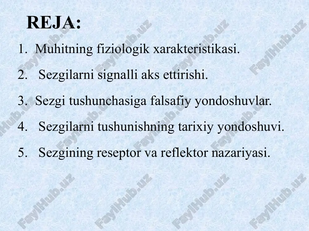 , mushaklarda joylashgan sezgilar; interoretseptiv sezgilar u borasida rus psixologi a.r.luriya tadqiqot ishini olib borgan. uning fikricha, interoretseptiv sezgilar asl, tub, ma’nodagi sezgilar emas, balki emotsiyalar bilan sezgilar o‘rtasidagi oraliq sezgilar sifatida namoyon bo‘ladi. psixologiya fanida mazkur sezgilar to‘la o‘rganilmaganligi sababli uni “noma’lum hislar” deb atalgan. interoretseptiv sezgilarning fiziologik mexanizmlari interosepsiya bilan birgalikda k.m.bikov, v.n. chernigovskiylar tomonidan atroflicha o‘rganilgan. ularning fikriga ko‘ra, bu narsalarning barchasi shartli reflektor faoliyati mexanizmlaridan kelib chiqadi propriotseptiv sezgilar gavdaning fazodagi holati to‘g‘risida signallar bilan ta’minlab turadi. ular inson harakatining boshqaruvchisi hisoblanib va afferent asosini tashkil qiladi. proprioretseptorlar harakatning afferent asosi ekanligini a.orbeli tomonidan, hayvonlarda p.k.anoxin, odamlarda esa n.a.bernshteynlar tomonidan o‘rganilgan. psixologik ma’lumotlarga ko‘ra, gavdaning fazodagi holati, sezgirligi statik sezgilarda o‘z ifodasini topadi. uning markazi ichki quloq kanallarida joylashgan bo‘lib, ular o‘zaro bir-biriga perpendikulyar bo‘shliqda tutash holatda yotadi. sezgining quyidagi turlari mavjud: ko‘rish sezgilari; eshitish sezgilari; hid bilish sezgilari; ta’m bilish sezgilari; teri sezgilari; muskul –harakat …
