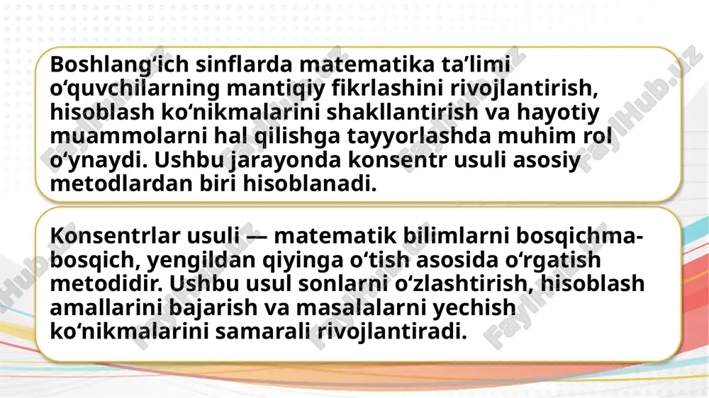chilarning fikrlash ko‘nikmalarini rivojlantirish asosiy vazifalardan biridir. quyida asosiy turlari va misollar keltiriladi. a) qo‘shish va ayirishga asoslangan masalalar bu masalalar yig‘indi va ayirmalarni topishga qaratilgan. misol: • amaliy masala: dastlab 425 ta qalam bor edi. yana 315 ta qalam keltirildi. jami nechta qalam bo‘ldi? yechim: 425 + 315 = 740 b) ko‘paytirish va bo‘lishga asoslangan masalalar bu turdagi masalalar guruhlash va teng taqsimlashni o‘rgatadi. misol: • amaliy masala: bir qutida 8 ta shar bor. 12 ta qutida jami nechta shar bor? yechim: 8 × 12 = 96 • bo‘lishga oid masala: 96 ta shar 8 ta qutiga teng taqsimlanadi. har bir qutida nechta shar bo‘ladi? yechim: 96 ÷ 8 = 12 c) taqqoslash va qoldiqli masalalar bu turdagi masalalar miqdoriy nisbatlarni tushunish va qoldiqlar bilan ishlashni o‘rgatadi. misol: • kamola 850 som sarfladi, hasan esa 920 som sarfladi. kim ko‘proq pul sarflagan va qancha farq bor? yechim: 920 - …