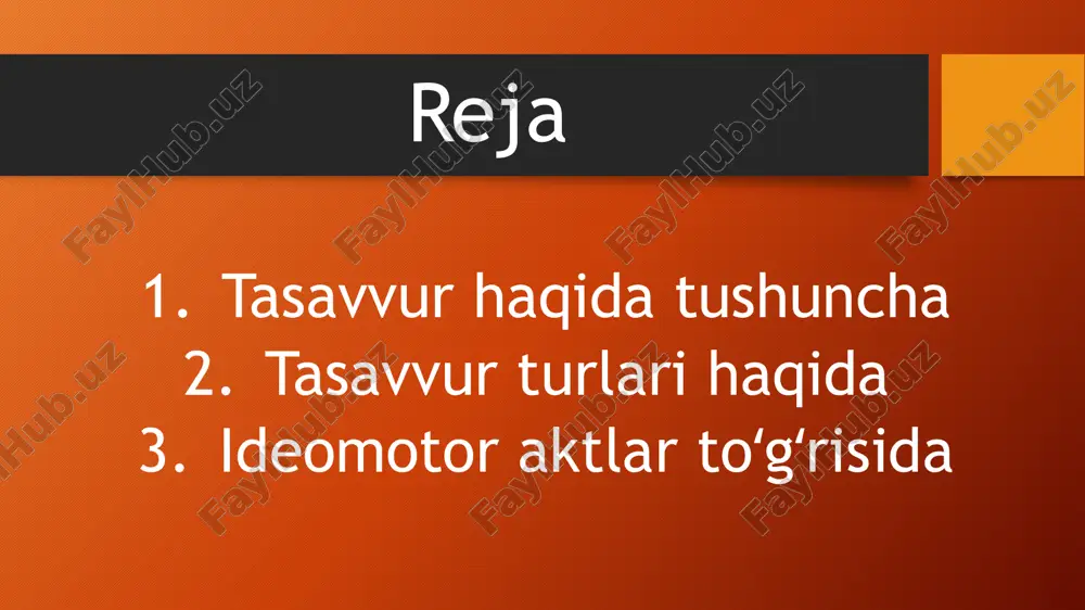 o’ladi – erkak to’xtaydi, hech qanday joyga qaramaydi, ichki voqealarni boshdan kechiradi. passiv tasavvur, o’z navbatida, bo’lishi mumkin: qasddan nomaʼlum qasddan passiv tasavvurlar insonning qasddan passiv tasavvurlari insonning irodasidan kelib chiqqan hayol va hayoldir. ya’ni, inson bu suratlarni o’z ongiga keltirib chiqarishga harakat qilmasa, ular o’z-o’zidan paydo bo’ladi. ammo ular shaxsning shaxsiyatini bosib o’tishadi, masalan, uning afzalliklari yoki tashvishlariga mos keladi. 2.noma’lum passiv tasavvur noma’lum passiv tasavvurning eng yaxshi namunasi. u tushdagi tasavvurlar va voqealar mantiq va fizikaning barcha qonunlarini buzishi mumkin va ularning o’zgarishi insonning xohish-irodasiga bog’liq emas. xuddi shunday xarakterga ega va kasallik natijasida, miya ishi buzilganida yoki ma’lum moddalarga ta’sir qilish natijasida paydo bo’ladi. bunga misol galusinatsiya. 2.faol yoki tasodifiy tasavvur faol yoki tasodifiy tasavvur. bu aqliy qobiliyati bor odamning ongli, aniq maqsadli ishidir. bu aqlli inson avval haqiqatni o’zgartirishni tasavvur etadigan va keyin uni amalga oshirishga imkon beruvchi ushbu vositadir.bolada birinchi ongli faoliyatga ega bo’lganida, faol …