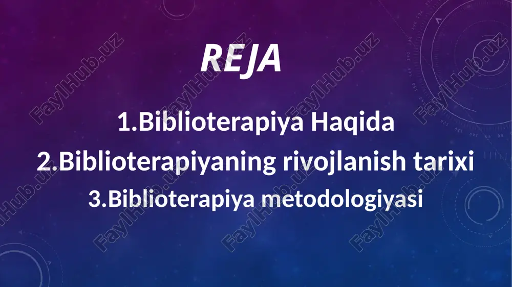 hollarda esa teng qismi hisoblanadi. bu psixoterapevt va maxsus o’qitilgan kutubxonachining ishtirokini talab qiladi. mamlakatimiz shifokorlari, kutubxonachilar ham ana shu yo‘nalishga qat’iy amal qilmoqda.biblioterapiya estetik terapiya usullarini nazarda tutadi. bibliografiyani tanlashda mutaxassis ma’lum bir ishning muayyan vaziyatga mos kelishiga, uning terapevtik ta’siriga tayanadi. biblioterapiyaning rivojlanish tarixi biblioterapiya ilmiy usul sifatida yaqinda shakllanganiga qaramay, odamlar adabiyotning foydali ta’sirini qadim zamonlardan beri bilishgan.fir’avn ramzes ii kutubxonasiga kiraverishda “ruh uchun dori” yozuvi osilgan. o’sha paytda kitobning ma’nosi allaqachon tushunilgan edi.yunonistonning birinchi kutubxonalarida kitoblar yordamida shifo qo’llanilgan. taniqli matematik va mashhur tabib pifagor o’tlar va musiqa bilan bir qatorda adabiyot va she’riyatdan bir qator kasalliklarni davolashda muvaffaqiyatli foydalangan. evropada kitob bilan davolanishning boshlanishi diniy mazmundagi kitoblarni saqlaydigan, dindorlarga tinchlik va umid olib keladigan birinchi cherkov kutubxonalari tomonidan qo’yilgan. biblioterapiya uyg’onish davrigacha cherkov qanoti ostida edi.uyg’onish davrida shifokorlar biblioterapiyadan dorivor maqsadlarda faol foydalana boshladilar. shunday qilib, 12-asr ingliz shifokori t. sageidem o’z bemorlariga servantesning “don …