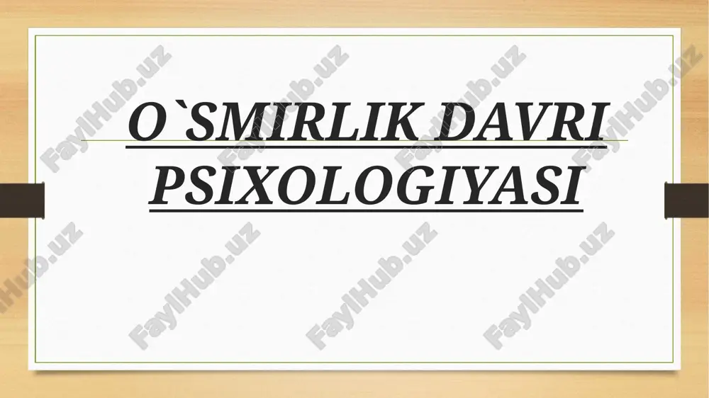 ashlar. o`smirlardagi asosiy psixologik o`zgarish. o`smir o`zini asta-sekin katta odam deb his qila boshlaydi, lekin ko`p odat va xususiyatlari bolalarcha bo`lib qoladi. bu hissiyot kattalik hissi deb ataladi va o`smirlikdagi asosiy psixologik yangilikdir. bu his o`smirda o`ziga, atrof muhitga, odamlarga nisbatan yangi hissiy pozisiyani yuzaga keltiradi. u bolalar xulq-atvorini kattalar xulqi va qadriyatlariga qayta orientatsiya qila boshlaydi. o`smir o`z huquqlari doirasini kengaytiradi, kattalarni esa cheklashni xohlaydi. bilish jarayonlarining osishi. o`smirning qiziqishlari ortadi, bilish faoliyati maktab programmasidan tashqariga chiqadi, mustaqil o`qiy boshlaydi. uning tafakkurida tanqidiylik, mustaqillik hosil boladi. o`qituvchi o`quvchilarga o`quv materiallarini taqqoslashni, mavhumlashtirishni, o`z fikrini to`g`ri, ravon va aniq ifodalash yo`lini tushuntirib berishlari lozim. o`smirlarning o`quv faoliyatida, o`quv materialini o`zlashtirish darajasida, umumiy intellektual rivojlanishida turli darajadagi o`quvchilarni uchratish mumkin. o`quv faoliyatidagi kamchiliklar kichik sinflarda bilinmagan bolsa, v-vi sinflarda o`zlashtirishi keskin farqlanadigan bolalar ko`zga tashlanib qoladi. o`smirlarda nazariy, formal va refleksiv tafakkur turlari shakllanadi. xotira, idrok jarayonlari ham intellektualizasiya bo`la boshlaydi, …