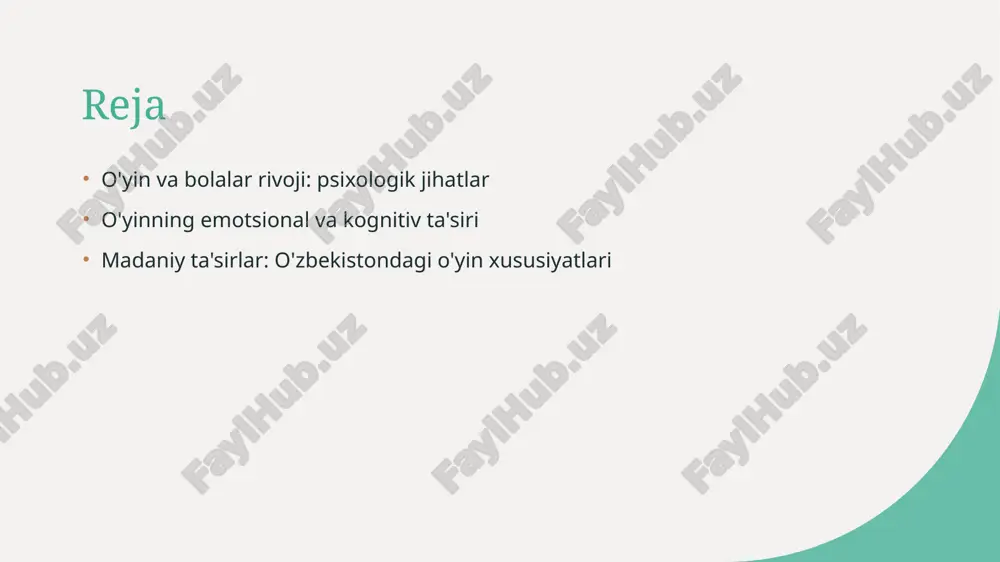 rivojlanishning asosiy jihatlari. 01 o'yin va emotsiyalar o'yin, bolalarda emotsional rivojlanishni qo'llab-quvvatlaydi; ular o'z his-tuyg'ularini ifodalash va boshqalar bilan muomala qilishni o'rganadilar. 02 o'zaro munosabatlar o'yin jarayonida bolalar bir-biri bilan muloqot qilib, o'zaro munosabatlarni mustahkamlashadi, bu esa ijtimoiy ko'nikmalarni rivojlantiradi. 03 empatiya rivoji o'yin orqali bolalar boshqalar his-tuyg'ularini tushunishni o'rganadilar, bu esa empatiya va hamdardlikni rivojlantirishga yordam beradi. kognitiv o'sish: o'yin va bolalar tafakkurining o'zaro ta'siri. 1 o'yin va tafakkur o'yin bolalar tafakkurini shakllantiradi, ularni muammolarni hal qilishga, ijodkorlikka va mantiqiy fikrlashga o'rgatadi. 2 kognitiv rivojlanish o'yin jarayonida bolalar yangi ko'nikmalarni o'zlashtiradi, bu esa ularning kognitiv qobiliyatlarini va bilim darajasini oshirishga yordam beradi. 3 ijodkorlik va o'yin o'yin bolalarning ijodkorligini rivojlantiradi, turli rollarda o'ynash, yangi dunyolarni kashf etishga imkon beradi, bu esa tafakkurini kengaytiradi. 4 madaniyat va o'yin o'zbek madaniyatidagi o'yinlar bolalar uchun o'ziga xos kognitiv tajribalarni taqdim etadi, ular milli qadriyatlar va an'analarni o'rganishga yordam beradi. o'yin psixologiyasi: o'zbek …