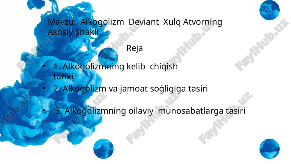 aratiladi 1. soģlikni saqlash tizimiga yuksaltirish.. alkogol bilan boģliq kasalliklar va jarohatlar soģliqni saqlash tizimiga katta yuk tushuradi. soģliqni saqlash tashkiloti malumotlariga kòra har yil dunyo bòylab 3 million odam alkogol istemoli bilan boģliq sabablardan vafot etgan. 2. jigar kasalliklari alkogolizm jigar serrozi kabi jigar kasalliklarining asosiy sabablari hisoblanadi . statistikaga kòra jigar serrozidan òlim holatlari 20 foiz dan ortiq darajada alkogolizm bilan bògliq 3. yòl transport hodisalari alkogolli ichimliklarda mast holds transport vositalarini boshqarish yòl transport hodisalarni asosiy sabablari hisoblanadi. alkogolizmga qarshi kurash va uning salbiy oqibatlarini. kamaytirish uchun kòplab davlatlar profilaktika va davolash chora tadbirlari amalga oshirmoqda 3 alkogolizmning oilaviy munosabatlariga tasiri alkogolizm oilaviy munosabatlariga tasiri jiddiy muomolardan biri bolib u individual insonlar bilan bir qatorda ularning yaqinlariga xususan oilalariga katta zarar yetkazadi alkogolizm bu alkogolli ichimliklarda qaramlik va haddan tawqari istemol qilish holati bòlib u kòp hollarda nazoratni yòqotish davriy yoki surunkali ichish ijtimoiy va oilaviy vazifalardanchekisnishga …