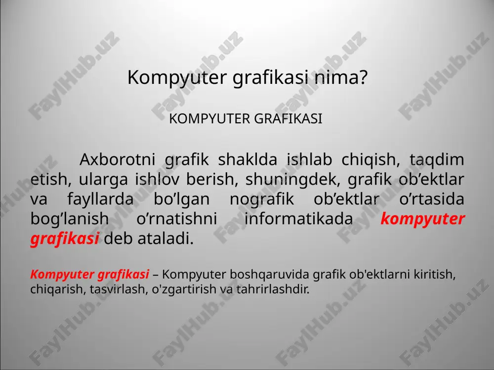 da tasvirlanishi va qog`ozda bosib chiqarilishi bilan farqlanadi. vektorli grafikaning asosiy elementi – chiziqdir. vektorli grafika bilan ishlovchi dasturiy vositalar birinchi navbatda tasvirlarni yaratishga mo’ljallangan. vektorli grafika muxarrirlariga misol qilib adobe illustrator, corel draw va macromediya flashlarni keltirish mumkin. ushbu dasturiy vositalarda ishlangan rasmlar nuqtalar koordinatalari xamda ushbu nuqtalardan o’tuvchi chiziqlar xamda vektorlar formulalaridan iborat bo’ladi. vektorli grafikada yaratilgan tasvirlar logotip, illyustratsiyalar va zastavkalar yaratishda foydalaniladi. vektorli grafika vektorli grafika- shrift va oddiy geometrik elementlarni qo’llash imkoniyatini beradi. bunda tasvirning asosiy elementi chiziq hisoblanadi. vektorli grafikadagi ma’lumotlar operativ xotirada kam joy egallaydi. masshtablash jarayonida ob’ektlar o’zining xususiyatini yo’qotmaydi. vektorli grafikada tasvirlar geometrik shakllardan tashkil topgan bo'ladi. chiziqlar va shakllar majmuasi natijada biror bir umumiy rasm yoki tasvirni hosil qiladi. vektorli grafikada tasvirni hosil qilish bo'yicha matematik formulalar asosida barcha hisob-kitoblarni kompyuter bajaradi. vektorli grafika dasturlarida yangi tasvirlar yaratiladi, lekin shu bilan birgalikda, ularga rastrli tasvirlarni ham qo'shish imkoni bor. rastrli …