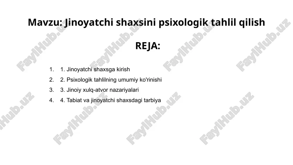 o'z ichiga oladi. u jinoyatning asosiy sabablarini tushunishga qaratilgan. ushbu tahlil xavf omillarini aniqlash va jinoiy xatti-harakatlarga olib kelishi mumkin bo'lgan asosiy muammolarni hal qilish orqali aralashuv va oldini olish strategiyalarini ishlab chiqishda yordam beradi. bu jinoiy odil sudlov va reabilitatsiya harakatlarida muhim rol o'ynaydi. 3. jinoiy xulq-atvor nazariyalari jinoiy xulq-atvor nazariyalari odamlarning nima uchun noqonuniy faoliyat bilan shug'ullanishini tushuntirishga qaratilgan. bu nazariyalar biologik, psixologik, sotsiologik nuqtai nazardan farq qiladi. 01 02 03 jinoyatchi shaxsning psixologik tahlili jinoyat sodir etgan shaxslarning motivlari va fikrlash jarayonlarini tushunishga qaratilgan. jinoiy xatti-harakatlar nazariyalarini o'rganish orqali psixologlar va kriminologlar jinoiy faoliyatning asosiy sabablari haqida tushunchaga ega bo'lishlari va samarali oldini olish strategiyalarini ishlab chiqishlari mumkin. 4. tabiat va jinoyatchi shaxsdagi tarbiya venus is the second planet from the sun mercury is the closest planet to the sun jupiter is the biggest planet of them all 1 2 3 5. psixopatiya va antisosyal shaxs buzilishi …