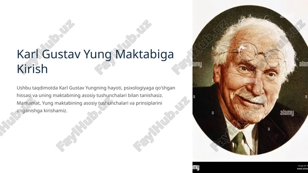 tug'ilgan. 2 bazel universiteti tibbiyot bo'yicha ta'lim olgan. 3 freyd hamkorlik va ajralish. yung 1875-yilda shveytsariyada tug'ilgan. u bazel universitetida tahsil olgan. zigmund freyd bilan hamkorlik qilgan, keyinchalik ajralishgan. u "psixologik tiplar" asari bilan mashhur. 4 yung dastlab freydning shogirdi bo‘lgan, lekin keyinchalik undan ajralib chiqqan. ularning asosiy farqlari: freyd psixikani asosan seksual energiya (libido) bilan tushuntirgan. yung esa inson ruhiyatini faqat shahvoniy mayllar emas, balki ruhiy taraqqiyot orqali ham tushuntirgan. freyd ong ostida shaxsiy tajribalarni ko‘rgan, yung esa unga qo‘shimcha ravishda kollektiv ong osti mavjudligini aytgan. yung va freyd o‘rtasidagi farqlar ongsizlik tushunchasi shaxsiy ongsizlik unutulgan xotiralar va repressiyalangan kechinmalar. kollektiv ongsizlik arxetiplar va umumiy insoniy tajribalar. yung ongsizlikni shaxsiy va kollektiv ongsizlikka ajratadi. kollektiv ongsizlik arxetiplarni o'z ichiga oladi. 6 arxetiplar: umuminsoniy obrazlar ona g'amxo'rlik, mehr, himoya. ota hokimiyat, tartib, qonun. bola beg'uborlik, yangilik, umid. arxetiplar inson psixikasida muhim rol o'ynaydi. ular madaniyatda ham o'z aksini topadi. 7 …