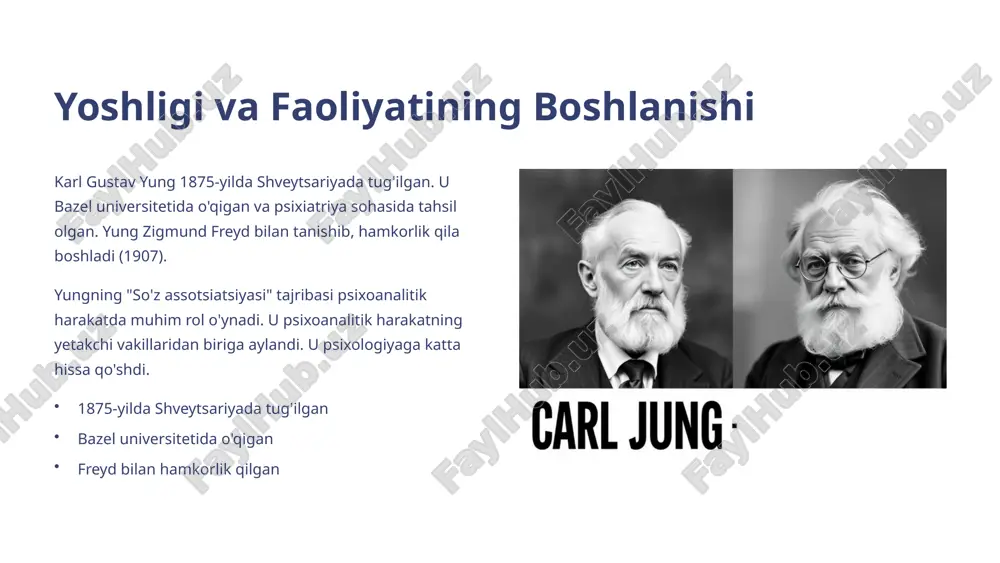 rni o'z ichiga oladi. personaning haddan tashqari rivojlanishi o'zlikni yo'qotishga olib kelishi mumkin, soya bilan yuzlashmaslik esa nevrozga sabab bo'lishi mumkin. sog'lom shaxsiyat persona va soyaning muvozanatiga erishish orqali shakllanadi. persona jamiyatga moslashish uchun yaratilgan "niqob". ijtimoiy rollar qabul qilingan xatti-harakatlar o'zlikni yashirish soya ongsiz instinktlar va repressiyalangan his-tuyg'ular. qorong'u tomon qabul qilinmagan hislatlar yuzlashish zaruriyati 5 anima va animus anima - erkakning ongsiz ayollik jihati, animus esa ayolning ongsiz erkaklik jihati. anima va animusning individuallashuv jarayonidagi ahamiyati beqiyosdir. ular bizning qarama-qarshi jinsdagi odamlar bilan munosabatlarimizga, shuningdek, o'zimizni anglashimizga ta'sir qiladi. ushbu arxetiplarni integratsiya qilish orqali biz o'zimizning to'liqroq versiyasiga aylanishimiz mumkin. anima erkakning ayollik jihati his-tuyg'ular, intuitsiya animus ayolning erkaklik jihati mantiq, aql individuallashuv integratsiya zarur o'zlikni to'liq anglash 6 individuallashuv jarayoni individuallashuv - bu o'zlikni topish va to'liq amalga oshirish jarayoni. bu jarayonning bosqichlari va asosiy vazifalari mavjud. menlik arxetipi ong va ongsizlikning integratsiyasini ifodalaydi. individuallashuv bizning shaxsiy …