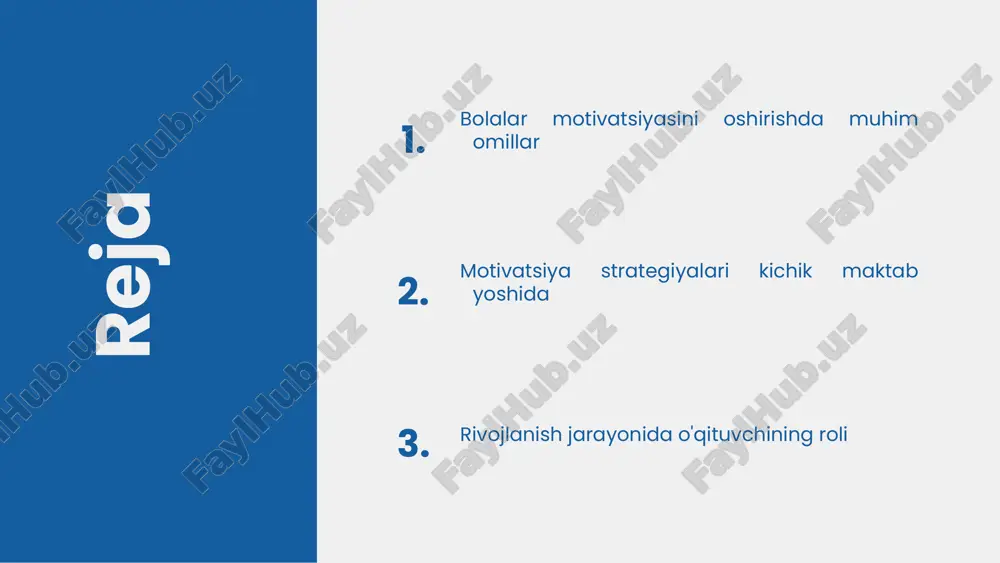 qiziqarli va interaktivdir. faoliyatlar bolalarning ijodkorligini va muammolarni hal qilish qobiliyatini rivojlantiradi. ularning motivatsiyaga ta'siri, o'zaro munosabatlarni yaxshilash va o'z-o'zini anglashga yordam berish orqali ko'rinadi. misol uchun, guruh o'yinlarida ishtirok etish bolalarga jamoaviy ishni o'rganishga yordam beradi va o'zaro raqobat ruhini oshiradi. bunday tajribalar motivatsiyani kuchaytiradi va muvaffaqiyat hissini beradi. motivatsiyani baholash va kuzatish usullari motivatsiyani baholash usullari, bolalarning o'z-o'zini baholash qobiliyatini oshirishga yordam beradi. bu usullar orqali ta'lim jarayonidagi motivatsiya darajasini aniqlash mumkin. kuzatish va tahlil qilish, bolalarning motivatsiyasini to'g'ri baholash uchun muhimdir. bu jarayonlar, muammolarni aniqlash va ta'lim strategiyalarini takomillashtirish imkonini beradi. natijalarni ta'lim jarayoniga qo'llash, o'quv jarayonini yaxshilash va bolalarning motivatsiyasini oshirishda muhimdir. olingan natijalar asosida o'quv dastur va metodlarini yangilash mumkin. umumiy ravishda, motivatsiyani baholash va kuzatish usullari, bolalarning ta'limdagi muvaffaqiyatini oshirish uchun zaruriy vositalardir. 1 2 3 4 kichik maktab yoshida motivatsiya motivatsiya - bolalar o'z bilim va ko'nikmalarini rivojlantirishda muhim ahamiyatga ega. o'ziga xos …