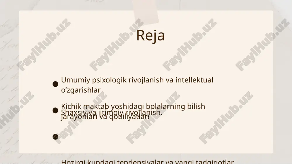 uchun qulay muhit yaratish. - ikkala tomon ham: o'zaro muloqot orqali o'quvchilarni qo'llab-quvvatlash. psixologik rivojlanishni qo'llab-quvvatlash kichik maktab yoshidagi o'quvchilarning psixologik rivojlanishini qo'llab-quvvatlash uchun o'qituvchilar va ota-onalar birgalikda samarali strategiyalarni ishlab chiqishlari zarur. o'qituvchilar uchun tavsiyalar: bolalar bilan ochiq muloqot qilish, ularning his-tuyg'ularini tushunishga harakat qilish va muammolarni hal qilishda yordam berish. amaliy misollar: o'yinlar orqali psixologik rivojlanishni rag'batlantirish, guruh faoliyatlari va ijodiy mashg'ulotlar orqali bolalarning o'zaro munosabatlarini yaxshilash. photo by sharad bhat on unsplash 1 2 3 kichik maktab yoshidagi bolalarning bilish jarayonlari - bilish jarayonlari tushunchasi, bolalar uchun muhimligi. - kichik maktab yoshidagi bolalarning bilish jarayonlari: rivojlanish bosqichlari. - o'rganish usullari: o'yin va amaliyot orqali bilish jarayonlarini rivojlantirish. - misollar va tadqiqotlar: bolalarning bilish jarayonlari haqidagi ilmiy izlanishlar. photo by cas holmes on unsplash diqqat va xotira: kichik yoshdagi o'quvchilar diqqatning rivojlanishi kichik yoshdagi o'quvchilarning diqqat rivojlanishi o'ziga xos xususiyatlarga ega. ularning diqqatlari qisqa muddatli bo'lib, o'zgaruvchan. diqqatni …