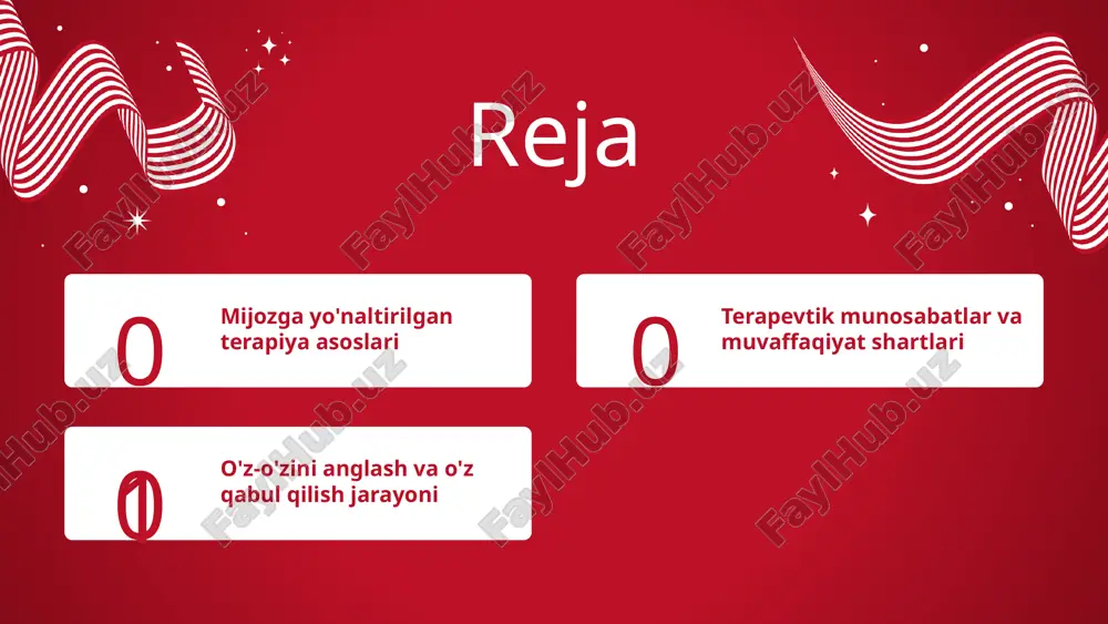 yyor bo'lishiga yordam beradi. o'z-o'zini anglash va o'z qabul qilish 1 o'z-o'zini anglashning ahamiyati o'z-o'zini anglash, shaxsning o'zini tanishi va his-tuyg'ularini tushunishi, ruhiy salomatlikda muhim rol o'ynaydi. bu jarayon shaxsning ishonchini oshiradi va stressni kamaytiradi. 2 o'z-o'zini qabul qilish jarayoni o'z-o'zini qabul qilish, shaxsning o'z kuchli va zaif tomonlarini tan olishidir. bu jarayon, shaxsning o'ziga nisbatan ijobiy munosabatini shakllantiradi va ruhiy salomatligini yaxshilaydi. 3 misol: mijozning o'zini anglash jarayoni mijozning o'zini anglash jarayoni, terapevt bilan his-tuyg'ularini ochiq muhokama qilish orqali amalga oshiriladi. bu jarayon mijozga muammolarini tushunishga yordam beradi. insonning ijobiy potentsiali insonning ijobiy potentsiali, o'zini amalga oshirish qobiliyati va o'sish imkoniyatlari, mijoz markazli terapiya orqali ochiladi. terapiya jarayonida har bir insonning o'ziga xos ehtiyojlari va maqsadlari inobatga olinadi, bu esa ularning shaxsiy rivojlanishiga yordam beradi. mijoz markazli terapiyaning asosiy tamoyillari empatiya, ishonch va hamkorlikdir. terapevt va mijoz o'rtasidagi ochiq muloqot, mijozning his-tuyg'ularini tushunish va qo'llab-quvvatlash, ijobiy o'zgarishlarga olib keladi. …