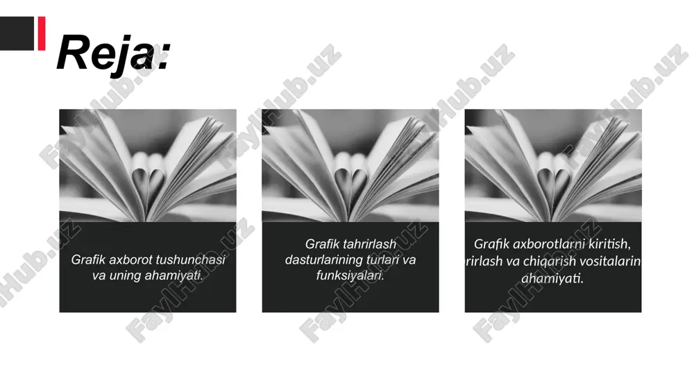 tni qisqa va aniq shaklda taqdim etish. o‘quvchilarni jalb qilish va ma'lumotni eslab qolishni osonlashtirish. add your title add your words here,according to your need to draw the text box size add your words here,according to your need to draw the text box size axborotni vizualizatsiya qilish: murakkab g‘oyalarni oddiy va tushunarli shaklda ifodalash imkonini beradi. texnik va ijodiy sohalarda qo‘llanish: grafik axborot muhandislik, arxitektura, dizayn va boshqa sohalarda muhim vosita hisoblanadi. analitik qobiliyatni oshirish: diagramma va grafiklar yordamida ma'lumotlar orasidagi bog‘liqlik va tendensiyalarni ko‘rish osonroq bo‘ladi. ko‘rinishni yaxshilash: grafik elementlar taqdimot, hisobot yoki ta’lim materiallarini yanada tushunarli va qiziqarli qiladi. ma'lumotni samarali etkazish: grafik axborot matnga nisbatan tezroq tushuniladi, chunki inson miyasi vizual ma'lumotni tezroq qayta ishlaydi. grafik axborotning ahamiyati: grafik axborotlarni kiritish vositalarining ahamiyati: grafik axborotlarni kiritish vositalari (skanerlar, kameralar, grafik planshetlar va boshqa qurilmalar) yordamida real dunyo ob’ektlarini raqamli ko‘rinishga keltirish yoki yangi grafik ma'lumotlar yaratish mumkin. …