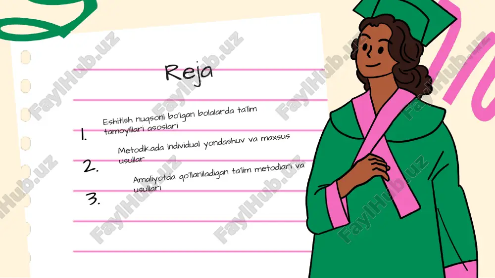 vchilar uchun tavsiyalar orasida, ehtiyojlarni aniqlash, doimiy baholash va moslashtirilgan metodlarni qo'llash bor. interaktiv va praktikumga asoslangan usullar muvaffaqiyatli strategiyalar hisoblanadi. misollarga sign tilidan foydalanish, sensorli texnologiyalar va individual rejalarga asoslangan ta'lim kiradi. bu usullar ta'lim samaradorligini oshirish uchun amalda qo'llaniladi. photo by getty images on unsplash 1 2 3 ta'lim metodlari va usullari eshitish nuqsoni bo'lgan bolalar uchun ta'lim metodlari individual ehtiyojlar va qobiliyatlarga mos ravishda tanlanadi. asosiy usullar orasida vizual texnikalar, taktil yondashuvlar va interaktiv metodlar mavjud. vizual yordamlar: rasmlar, diagrammalar va videolar; taktil texnikalar: o'yinlar va harakatli mashqlar; interaktiv usullar: guruh faoliyatlari va muhokamalar. bu metodlar bolaning o'rganish darajasiga va ehtiyojlariga moslashtiriladi. ularning samaradorligi individual yondashuvlar va texnologik imkoniyatlar bilan oshadi. natijada, bu usullar bolaning ijtimoiy va kognitiv rivojlanishiga ijobiy ta'sir ko'rsatadi. amaliyotda qo'llaniladigan metodlar ta'lim jarayonida amaliyotga asoslangan metodlar muhim. masalan, amaliy mashg'ulotlar, rolli o'yinlar va loyiha asosidagi ishlar eshitish muammosi bo'lgan bolalar uchun samarali. innovatsion …