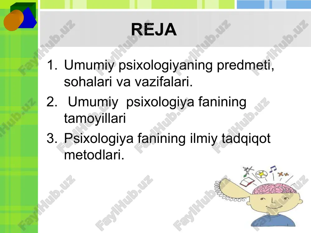 ining o'ziga xos jihatlarini o'rganadigan maxsus sohasi; - pedagogik psixologiya - kishiga ta'lim va tarbiya berishni psixologik qonuniyatlarini o'rganishni o'z predmeti deb biladi; - yosh davr psixologiyasi - turli yoshdagi odamlarning tug'ilgandan to umrining oxirigacha psixik rivojlanish jarayonini, shaxsning shakllanishi va o'zaro munosabatlari qonuniyatlarini o'rganadi; - ijtimoiy psixologiya - odamlarning jamiyatdagi birgalikdagi ish faoliyatlari natijasida ularda hosil bo'ladigan tasavvurlar, fikrlar, e'tiqodlar, hissiy kechinmalar va xulq-atvorlarini o'rganadi; - mehnat psixologiyasi - kishi mehnat faoliyati psixologik xususiyatlarini, mehnatni ilmiy asosda tashkil etishning psixologik jihatlarini o'rganadi; savdo psixologiyasi harbiy psixologiya yuridik psixologiya mehnat psixologiyasi umumiy psixologiya pedagogik psixologiya yosh davr psixologiyasi ijtimoiy psixologiya 0 metod haqida tushuncha metod (yun. "metodos" — bilish yoki tadqiqot yoʻli, nazariya, taʼlimot) — voqelikni amaliy va nazariy egallash, oʻzlashtirish, oʻrganish, bilish uchun yoʻl-yoʻriqlar, usullar majmuasi, falsafiy bilimlarni yaratish va asoslash usuli. metod turlari kuzatish anketa tajriba (eksperiment) suhbat test psixika va ong psixika yuksak darajada tashkil topgan materiyaning …