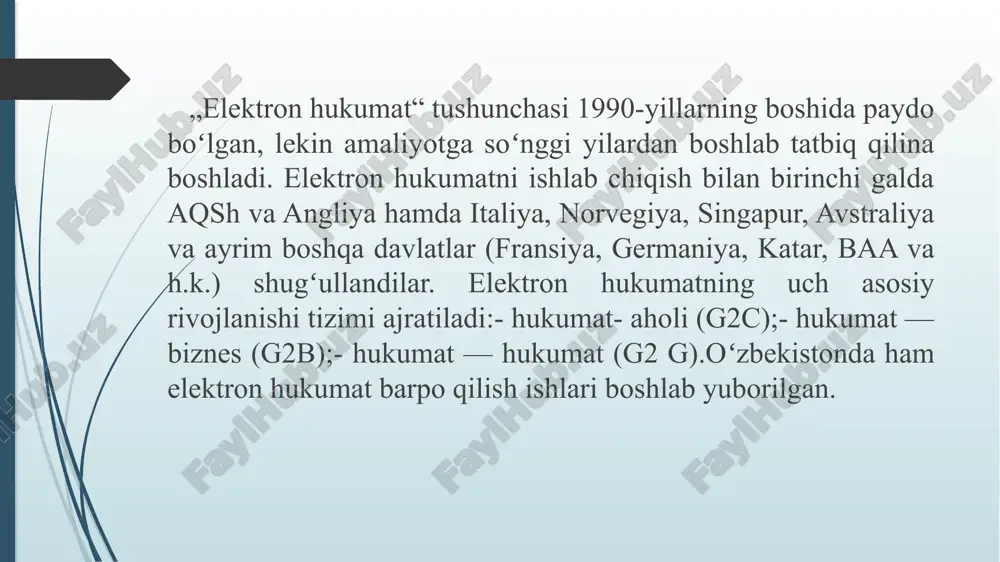 qarolarga turli davlat xizmatlarini ko‘rsatish yuzasidan axborot xizmatini taqdim etishi hech kimga sir emas. o‘zbekiston respublikasi birinchi prezidentining "zamonaviy axborot-kommunikatsiya texnologiyalarini yanada kengroq joriy qilish va rivojlantirish chora-tadbirlari to‘g‘risida" 2012 yil 21 martdagi pq-1730-son qarori hamda ushbu qaror bilan tasdiqlangan "2012-2014 yillarda zamonaviy axborot-kommunikatsiya texnologiyalarini yanada keng joriy etish va rivojlantirish dasturi", 2013 yil 27 iyunda qabul qilingan “o‘zbekiston respublikasining milliy axborot-kommunikatsiya tizimini yanada rivojlantirish chora-tadbirlari to‘g‘risida”gi qarori mazkur yo‘nalishdagi ishlarning samaradorligini oshirib. fuqarolar tomonidan axborotni izlash, olish va tarqatish hamda axborot xizmatlaridan foydalanish tizimini takomillashtirishda muhim o‘rin tutmoqda. 2013 yil 27 iyunda qabul qilingan qaror bilan mamlakatimizda "elektron hukumat" tizimini joriy etish va rivojlantirish bo‘yicha bir qator loyihalar va chora-tadbirlar belgilandi, ularni amalga oshirish mexanizmlari va muddatlari aniqlandi.jumladan, “o‘zbekiston respublikasining milliy axborot-kommunikatsiya tizimini yanada rivojlantirish chora-tadbirlari to‘g‘risida”gi qarori asosida qabul qilingan 2013-2020 yillarda o‘zbekiston respublikasining milliy axborot-kommunikatsiya tizimini rivojlantirishning kompleks dasturi tegishli me’yoriy-huquqiy bazani mustahkamlash, aholining davlat hokimiyati organlari …