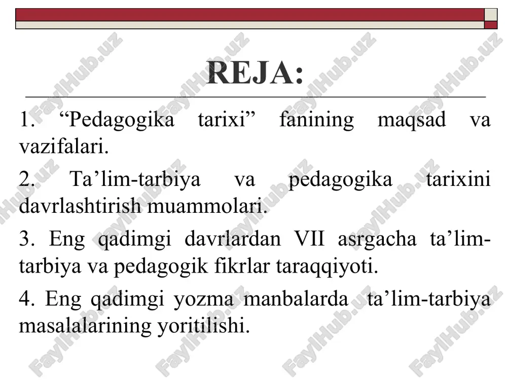 agoka tarixini o’rganish manbalari: 1) arxeologik yodgorliklar; 2) qo’lyozmalar; 3) xalq og’zaki ijodi; 4) adabiy yodgorliklar; 5) hujjatlar; 6) badiiy adabiyot; 7) memuarlar; 8) sharq va g’arb mutafakkirlarining asarlari. pedagogika tarixini davrlashtirish: ibtidoiy jamoa tuzumini davrlashtirsh qadimgi tosh asri peleolit: ilk o’rta so’nggi mil. av. 700/500-100 ming yilliklar. mil. av. 100-40 ming yilliklar. mil. av. 40-12 ming yilliklar. o’rta tosh asri mezolit mil. av.12 – 7 ming yilliklar. yangi tosh asri neolit mil. av. 6-4 ming yilliklar. mis-tosh asri eneolit mil. av. 4-3 ming yilliklar. bronza davri bronza davri mil. av. 3-1 ming yilliklar. temir asri ilk temir asri mil. av. x-viii asrlar. so’nggi temir asri vii–iv asrlar eng qadimgi davrlar: paleolit – 700/500-40/14 ming yil. m.a.d. (pitekantroplar) paleolit – 700/500-40/14 ming yil. m.a.d. (sinantroplar) paleolit – 700/500-40/14 ming yil. m.a.d. (neandartal) eng qadimgi davrda mehnatga layoqatlilik bilan bog’liqlikda jamoa a’zolari 3 guruhga bo’lingan: piktografik yozuvlar – suratli yozuv ideografik …
