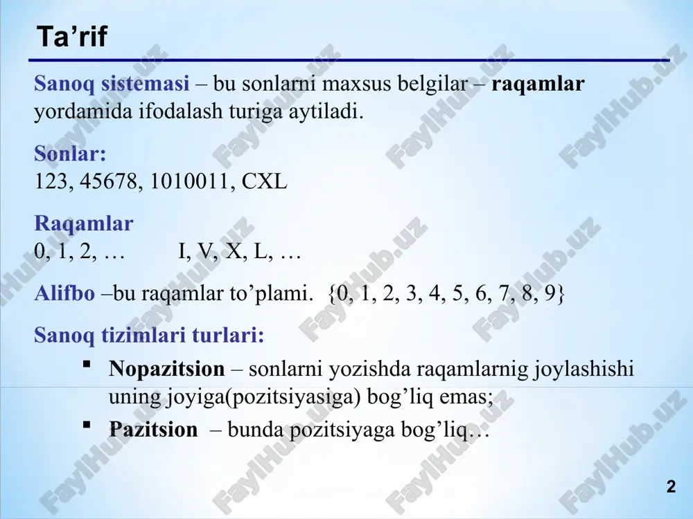 lik (1 fut = 12 dyuym, 1 shilling = 12 pens) yigirmalik (1 frank = 20 su) oltmishlik (1 minut = 60 sekund, 1 soat = 60 minut) yuzlik o’nlik birlik * * * sanoq sistemalari mavzu 2. ikkilik sanoq sistemasi * * * butun sonlarni ikkilikga o’tkazish ikkilik sanoq sitemasi: foydalaniladigan raqamlar: 0, 1 asosi(raqamlar soni): 2 10  2 2  10 19 19 = 100112 sanoq sistemasi 100112 4 3 2 1 0 darajalar = 1·24 + 0·23 + 0·22 + 1·21 + 1·20 = 16 + 2 + 1 = 19 2 9 18 1 2 4 8 1 2 2 4 0 2 1 2 0 2 0 0 1 * * * * tanlash usuli 10  2 77 = 64 + 77 77 64 ikkining darajalari bo’yicha ajratish: 77 = 26 + 23 + 22 + 20 + 8 + … + 4 …