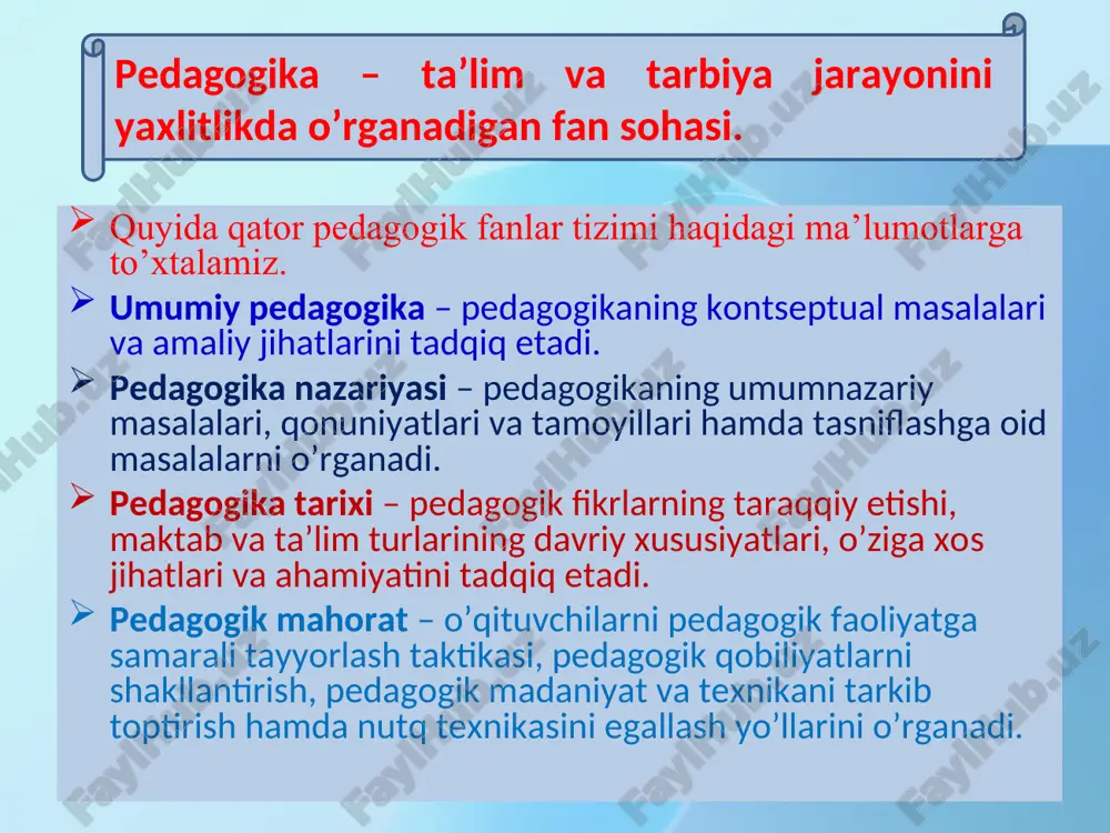 q etadi. pedagogik texnologiya – ta’lim va tarbiya jarayonida zamonaviy pedagogik texnologiyalarni qo’llash, texnologik yondashuv asosida ta’lim va tarbiya jarayonining samaradorligini oshirish muammolarini o’rganadi. ta’lim menejmenti – ta’lim muassasalarining faoliyatini tashkil etish, boshqarish, nazorat qilish hamda istiqbollarini belgilash masalalarini o’rganadi. ijtimoiy pedagogika – shaxs ijtimoiylashuvi, ijtimoiy me’yordan og’ishishning pedagogik diagnostikasi, korrektsiyasi va reabilitatsiyasi hamda ijtimoiy-pedagogik faoliyatni tashkil etish masalalarini tadqiq etadi. oila pedagogikasi – oilaviy ta’lim-tarbiya, oilada bolalarni yuksak ma’naviy-axloqiy sifatlar asosida tarbiyalash, ota-onalarning pedagogik madaniyatini oshirish masalalarini o’rganadi. xalq pedagogikasi – xalq og’zaki ijodi, urf-odatlar, marosimlar, milliy va bolalar o’yinlari, o’yinchoqlari kabilarda saqlanib qolgan pedagogik ma’lumotlar va milliy tarbiyaga doir tajribalar majmuidir. qiyosiy pedagogika – qiyosiy aspektda turli davlat, hudud, umuman dunyo miqyosida, turli tarixiy davrlarda pedagogika nazariyasi va amaliyotining mavjud holati, rivojlanish tendensiyalari va qonuniyatlarini o’rganadigan pedagogik fan sohasi. pedagogik innovatika – pedagogik innovatsiyalarning yuzaga kelishi va rivojlanishi qonuniyatlarini o’rganadigan, shuningdek pedagogik an’analar bilan istiqboldagi ta’lim loyihalarining o’zaro …