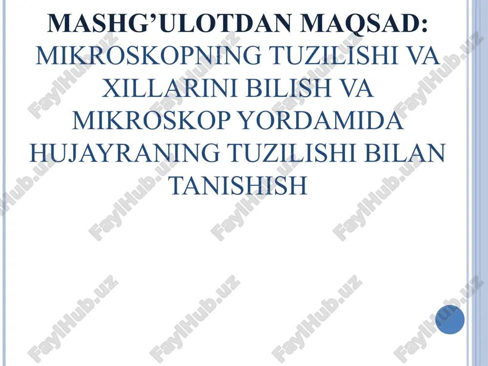 tdi. 1986 yilda fizika bo‘yicha nobel mukofoti sovrindori deb topildi mikroskop 1625-yilda steleti degan olim tomonidan yaratilgan. hozirgi kunda elektron va yorug’lik mikroskoplari bor. mayda biologik obyektlar (viruslar, mikroorganizmlar, sodda hayvonlar, ko‘p hujayralilar)ni asosiy tekshirish usullaridan biri ularni kattalashtiruvchi optik asboblar — mikroskoplarda (micros — mayda, juda kichik, copeo — ko'raman) o‘rganishdir. mikroskoplar xilmaxildir (yorug'lik, elektron, luminessent, fazo-kontrast, fluoressent, polarizatsiyalovchi va boshqalar). ulardan eng ko‘p qo‘llaniladigani yorug'lik mikroskopi bo'lib, u biologik tadqiqotlardagina emas, tibbiyotda ham amaliyot shifokorlari uchun laboratoriya tashxisi uchun eng zarur asboblardan biridir. mayda biologik obyektlar (viruslar, mikroorganizmlar, sodda hayvonlar, ko‘p hujayralilar)ni asosiy tekshirish usullaridan biri ularni kattalashtiruvchi optik asboblar — mikroskoplarda (micros — mayda, juda kichik, copeo — ko'raman) o‘rganishdir. mikroskoplar xilmaxildir (yorug'lik, elektron, luminessent, fazo-kontrast, fluoressent, polarizatsiyalovchi va boshqalar). ulardan eng ko‘p qo‘llaniladigani yorug'lik mikroskopi bo'lib, u biologik tadqiqotlardagina emas, tibbiyotda ham amaliyot shifokorlari uchun laboratoriya tashxisi uchun eng zarur asboblardan biridir. mayda biologik obyektlar (viruslar, …
