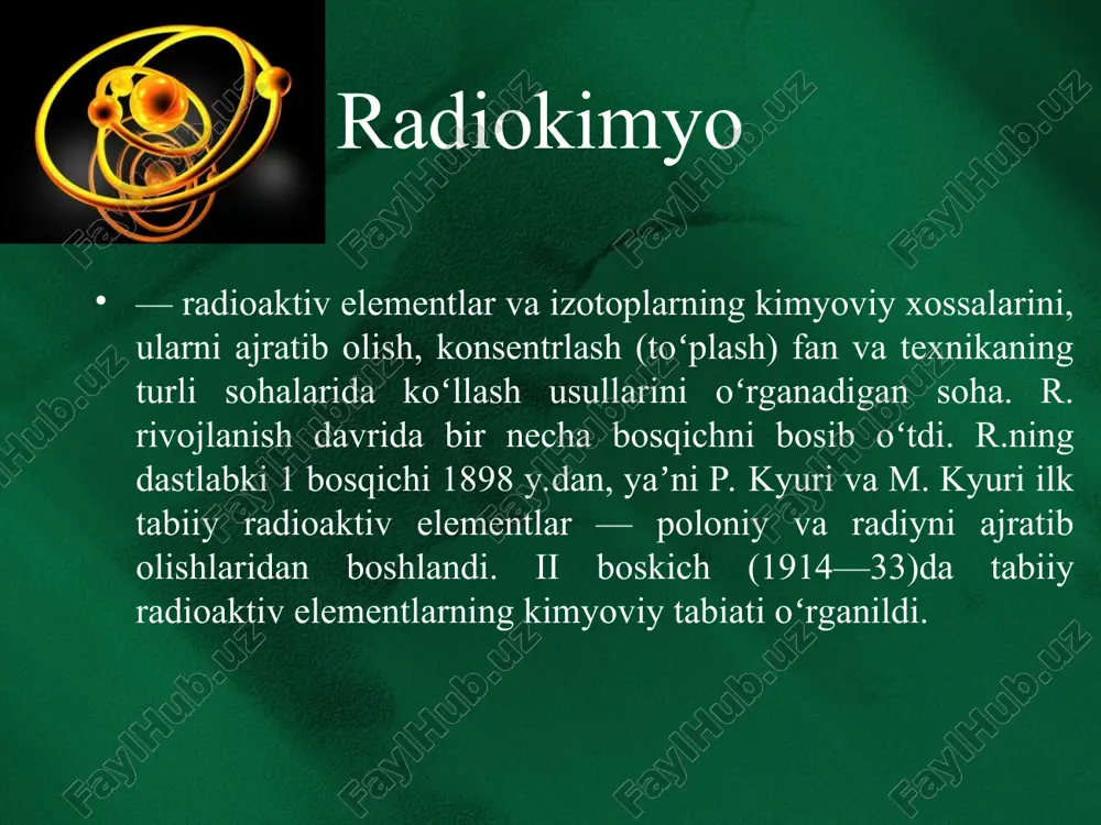 zitroniy va mezoatomlardan iborat. bu boʻlimga shartli ravishda yadro yoqilgʻisi texnologiyasini ham kiritish mumkin. amaliy r. nishonli birikmalar sintezini, radioaktiv izotoplarning fan va sanoatda (kimyo, fizika, geokimyo va b. tadqiqotlarda) qoʻllanishini oʻz ichiga oladi. radioaktiv elementlar radioaktiv elementlar - barcha izotoplari radioaktiv boʻlgan kimyoviy elementlar. tabiatda uchraydigan, tartib rakami 83 (vismut)dan katta boʻlgan barcha elementlar radioaktiv. ularni ketmaket yuz beradigan radioaktiv oʻzgarishlar zanjirlarining alohida halqalari sifatida tasavvur qilish mumkin. bir zanjir tarkibiga kiruvchi elementlar radioaktiv oila yoki radioaktiv qator hosil qiladi. tartib raqami 83 dan kichik boʻlgan r.e. ham bor. ular texnetsiy 43te va prometiy 61pm. davriy sistemada joylashgan urandan keyingi elementlar sunʼiy usulda olingan transuran elementlardir. tabiiy r.e.dan fakat uran (tartib raqami 92) va toriy (90) elementi izotoplarining yarim yemirilish davri yerning yoshiga yaqin. 238u(t,,2=4,51 mlrd. y.), 235u(713 mln.y.), 232th(14,l mlrd. y.). shuning uchun barcha tabiiy r.e. ichida faqat uran bilan toriy birlamchi r.e. hisoblanadi. qolgan barcha r.e. uzoq …